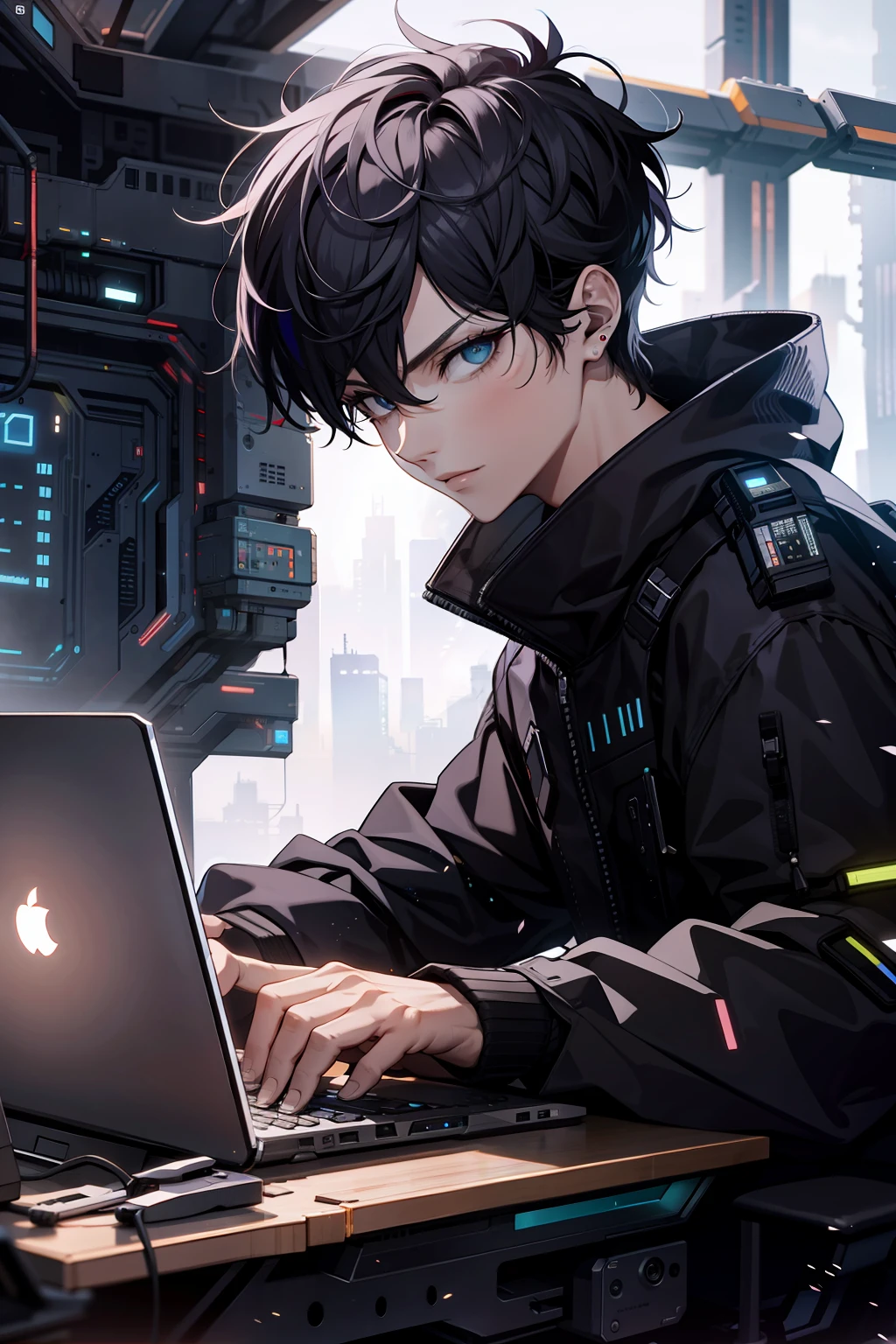 The finger is typing,cyberpunk office