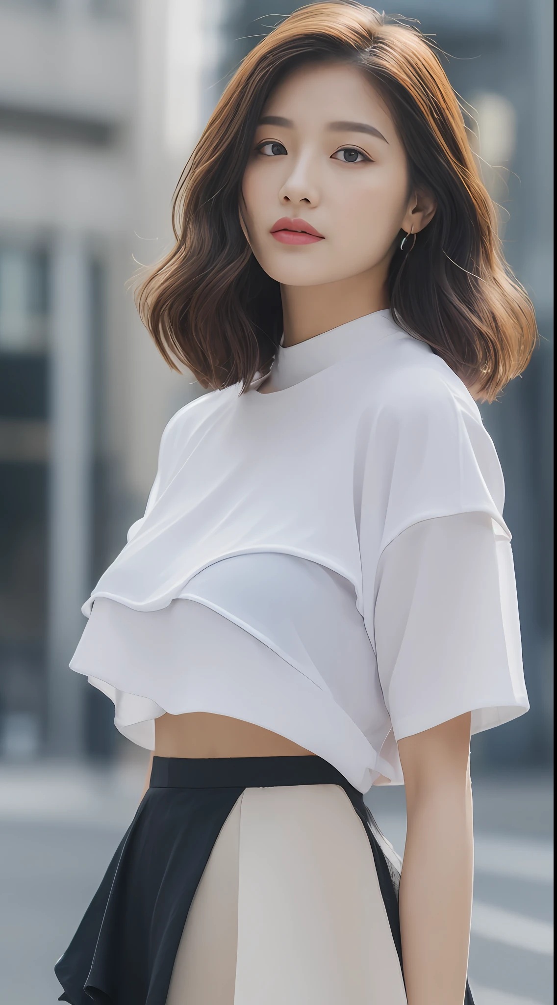 ((Best Quality, 8K, Masterpiece:1.3)), Focus:1.2, Perfect Body Beauty:1.4, Buttocks:1.2, (Layered Haircut, Breasts:1.2)), (Wet Clothes:1.1) , (Rain, Street:1.3), Loose Crop Top T-shirt: 1.1, Pleuffle skirt, highly detailed face and skin texture, Delicate eyes, Double eyelids, whitening skin, long hair, (Shut up: 1.3),
