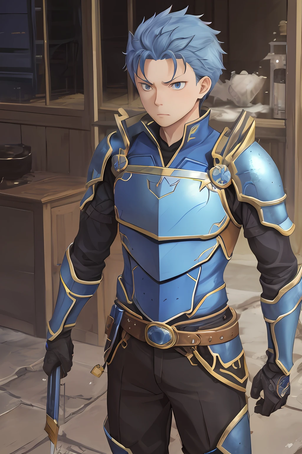 （1 Adult male），A high resolution， Sharp focus， Pixiv masterpiece， （（Complicated details））， highly  detailed， natsuki_subaru， 1 man， The expression is serious，full bodyesbian， blue colored eyes（eyes glowing）， blue short hair，Blue armor，Wear arm guards，Wear a belt，perspire，look from down