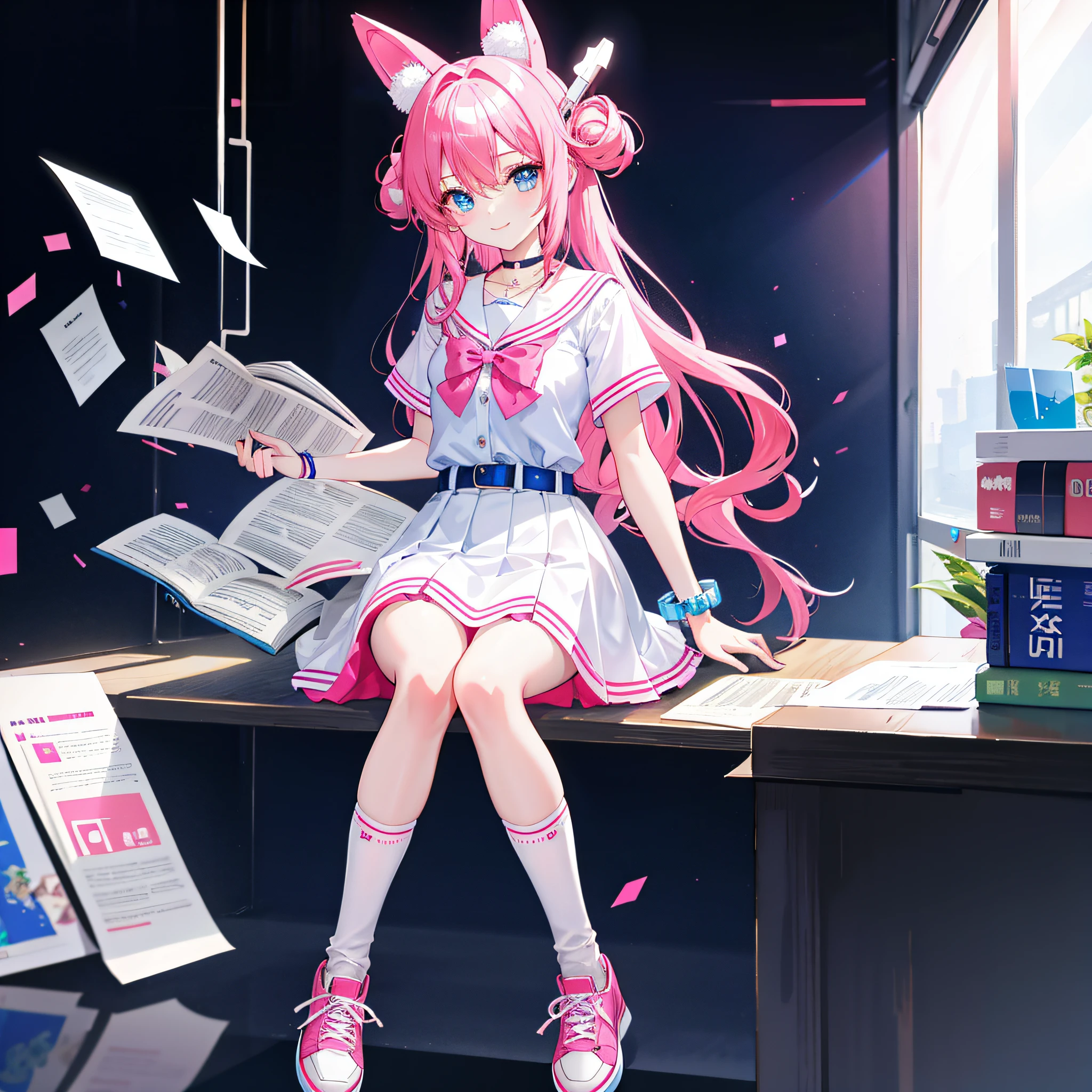 In the classroom，Beautiful Girls' High School，Brightly colored curls，Large, Bright round eyes，Clear blue eyes，Reddening cheeks，Flushing，White dress in minimalist style，Blue bow belt，ribbon on blue，Pink leather shoes and cartoon animal motif，Holding a book in his hand，Smart and curious eyes，Elegant posture and confident smile sweet、Lovely and young atmosphere，Wearing a cute bracelet，pendant，choker necklace，head gear。Wear over-the-knee socks，Leg socks，athletic sneakers。Falling debris and paper。Masterpiece, Best quality, HD, 8K, A high resolution, Super resolution,