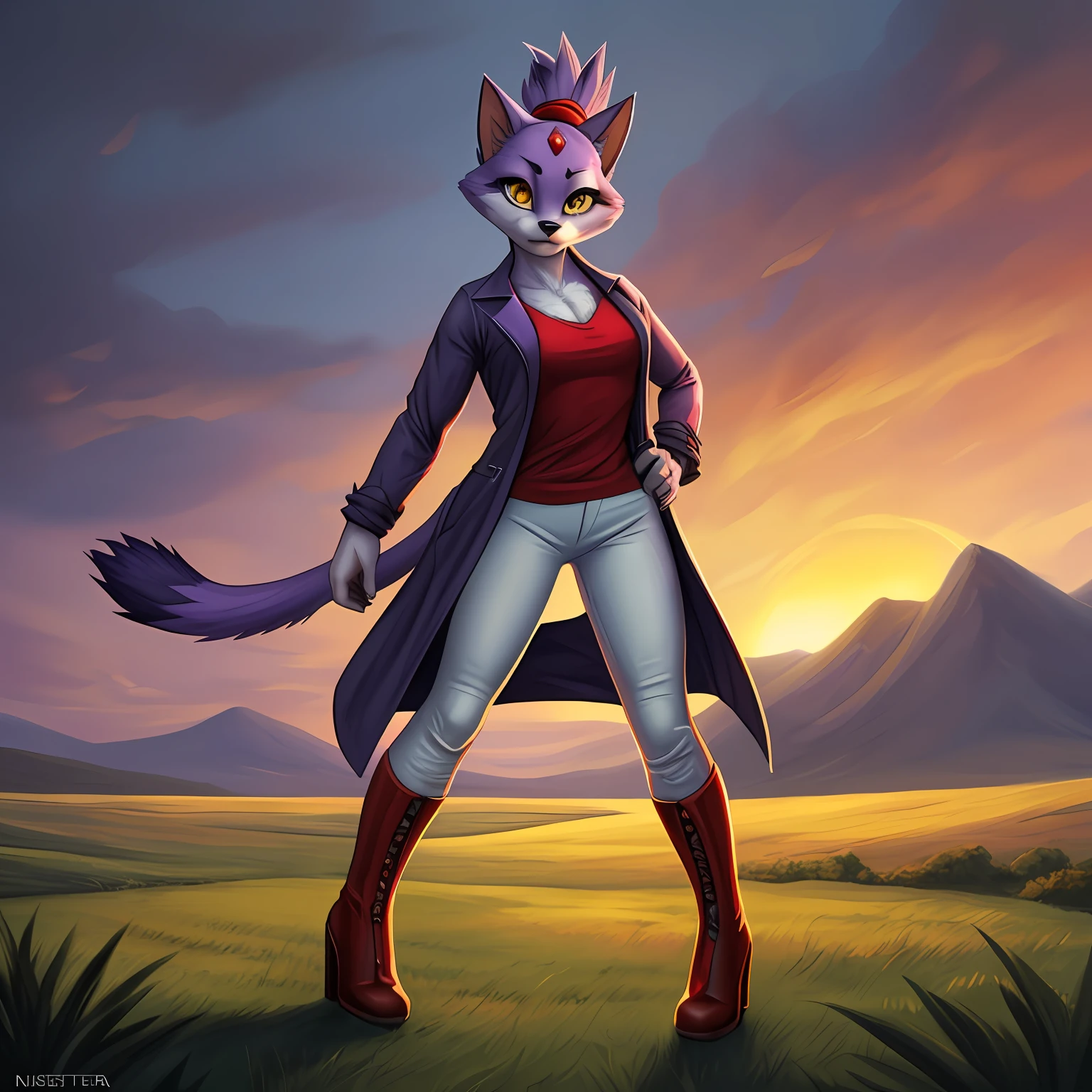 [Blaze the Cat], [Uploaded to e621.net; (Pixelsketcher), (twistedterra), (napalm_express)], ((masterpiece)), ((solo portrait)), ((1girl)), ((cute)), ((furry; anthro)), ((detailed fur)), ((beautiful artwork)), ((detailed shading)), ((beautiful 2D art)), {anthro cat; (beautiful woman's body), (lavender-colored fur, black nose, cat ears), beautiful yellow eyes, red diamond on forehead, spiky ponytail, long tail, (determined)}, {(purple trench coat), (white leggings)), red high heel boots}, (standing, attractive pose), [background; grass plains; (surrounded by fire, sunset)]