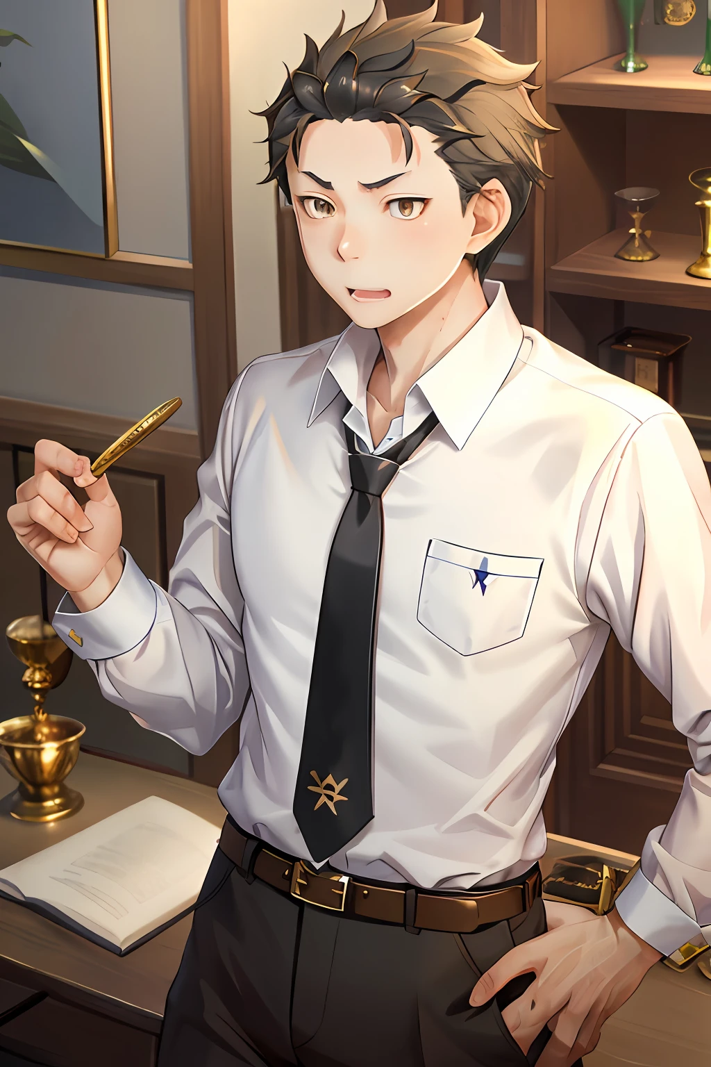 （1 Adult male），A high resolution， Sharp focus， Pixiv masterpiece， （（Complicated details））， highly  detailed， natsuki_subaru， 1 man， with her mouth open，drools，full bodyesbian， Golden eyes（eyes glowing）， with short golden hair，white  shirt，Wear a tie，Wear a belt，perspire，look from down