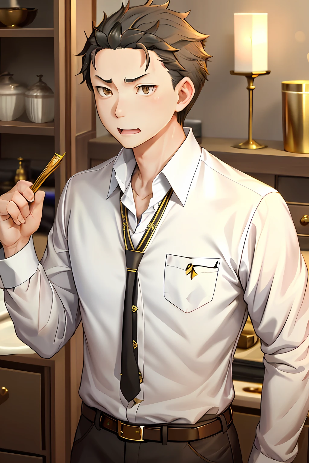 (1 Adult male),A high resolution, Sharp focus, Pixiv masterpiece, ((Complicated details)), highly detailed, natsuki_subaru, 1 man, with her mouth open,drools,full bodyesbian, Golden eyes(eyes glowing), with short golden hair,white shirt,Wear a tie,Wear a belt,perspire,look from down