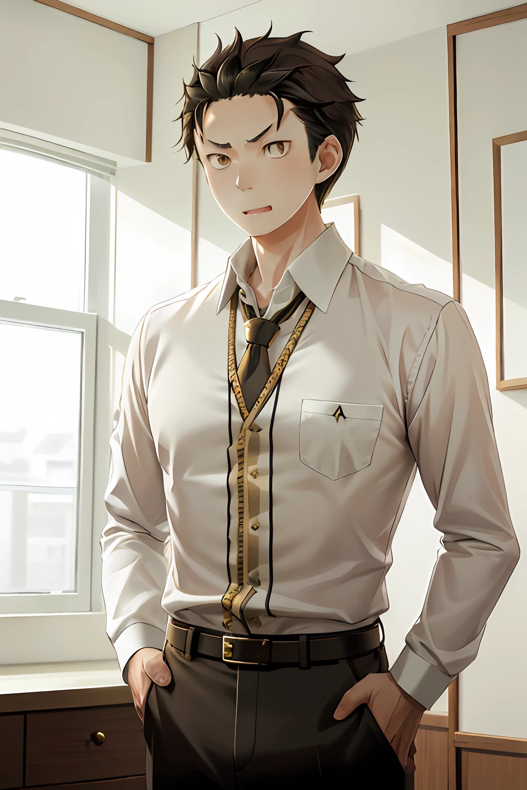 （1 Adult male），A high resolution， Sharp focus， Pixiv masterpiece， （（Complicated details））， highly  detailed， natsuki_subaru， 1 man， with her mouth open，drools，full bodyesbian， Golden eyes（eyes glowing）， with short golden hair，white  shirt，Wear a tie，Wear a belt，perspire，look from down