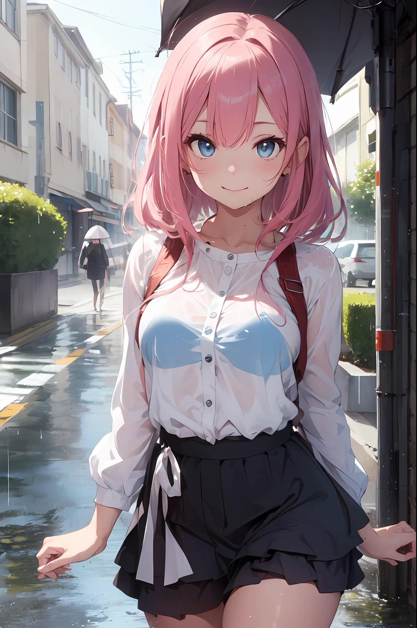 ((Best Quality, 8K, Masterpiece:1.3)), Focus: 1.2, Perfect Body Beauty: 1.4, Buttocks: 1.2, ((Layered Haircut, Breasts: 1.2)), (Wet Clothes: 1.1), (Rain, Street:1.3), Bandeau Dress: 1.1, Highly Detailed Face and Skin Texture, Fine Eyes, Double Eyelids, Whitening Skin, Long Hair,pink hair , blue eyes , (Shut Up: 1.3), Smile
