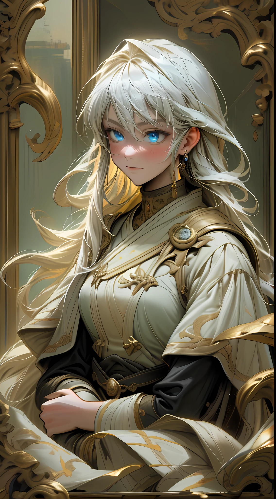 A captivating oil painting,Depicts a serene girl with flowing white hair, Gently poured over her shoulder. The focus is on her upper body, Capture her captivating presence. With a calm and healing smile, She turned around, Reveal her charming blue eyes. Set in a room with soft light, Bask in soft sunlight,Create a warm and comfortable atmosphere. The painting is executed in the Romantic style, Reminiscent of the work of John William Waterhouse, The attention to detail,Emphasis on evoking emotions. The medium used is oil on canvas, Allows for rich textures and nuances. The color scheme consists of pastel pastel tones, Blue and white dominate the color palette, Add a sense of serenity and peace to the scene. The artwork is of high quality, Make sure every stroke and expression is beautifully rendered in stunning 4K resolution.