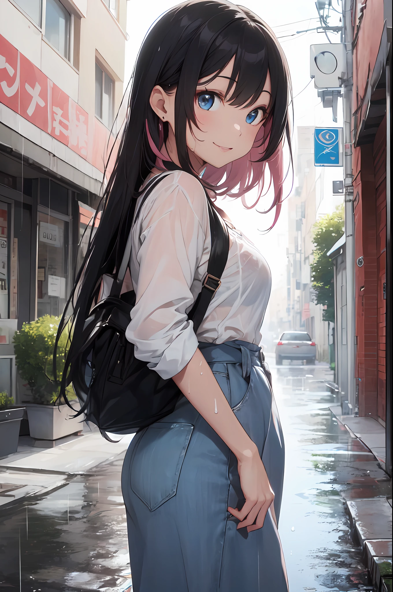 ((Best Quality, 8K, Masterpiece:1.3)), Focus: 1.2, Perfect Body Beauty: 1.4, Buttocks: 1.2, ((Layered Haircut, Breasts: 1.2)), (Wet Clothes: 1.1), (Rain, Street:1.3), Bandeau Dress: 1.1, Highly Detailed Face and Skin Texture, Fine Eyes, Double Eyelids, Whitening Skin, Long Hair,pink hair , blue eyes , (Shut Up: 1.3), Smile