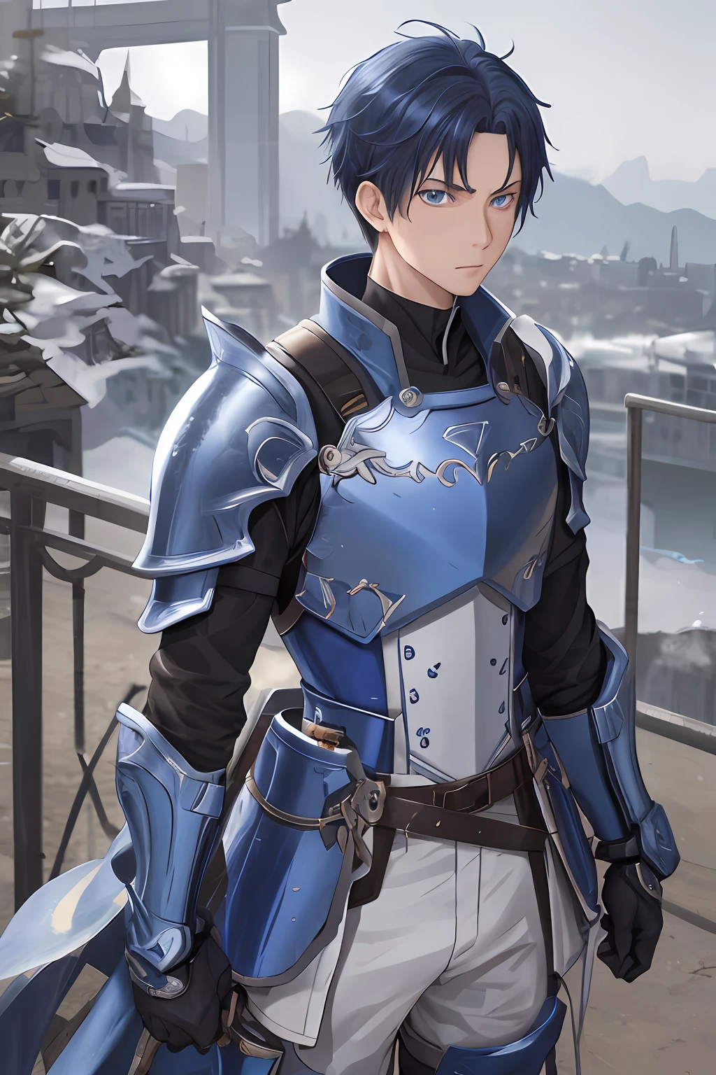 （1 Adult male），A high resolution， Sharp focus， Pixiv masterpiece， （（Complicated details））， highly  detailed， natsuki_subaru， 1 man， The expression is serious，full bodyesbian， blue colored eyes（eyes glowing）， blue short hair，Blue armor，Wear arm guards，Wear a belt，perspire，look from down
