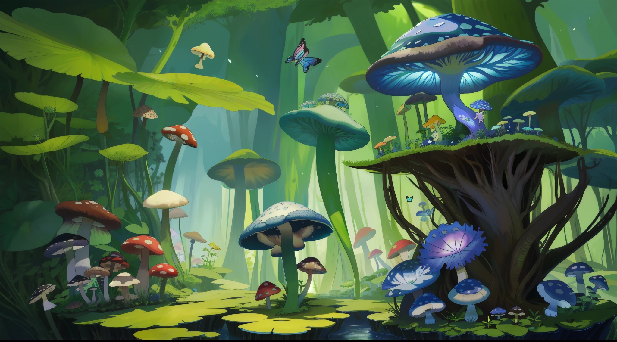 "Mushroom forest with glass goblet，s fractal art，rios，crystal，morning glory，butterflys，Various insects，tropical fishes，rosette，lotuses，four-leaf clover，morning glory，peach blossom，Cyber Mushroom Forest，Ultra-detailed digital fantasy art。Mushrooms are everywhere in the picture，The unique mushroom shape creates a magical casa scene。"