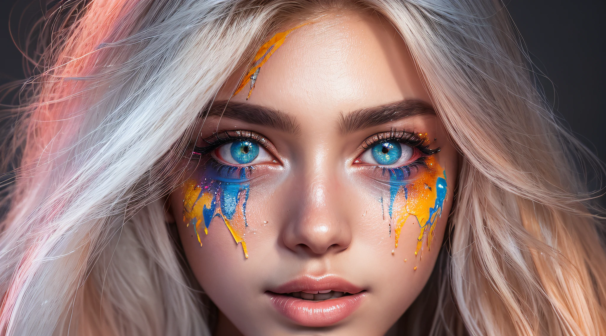 8k, RAW photo, realistic, photo-realistic, hyper-realistic, highest quality, best quality, masterpiece, highly detailed, absurdres,
masterpiece, best quality, (extremely detailed CG unity 8k wallpaper, masterpiece, best quality, ultra-detailed, best shadow), (detailed background), (beautiful detailed face, beautiful detailed eyes), High contrast, (best illumination), 1girl, Australian, multicoloured hair, beautiful, ((colourful paint splashes on transparent background, dulux)), ((caustic)), dynamic angle,beautiful detailed glow,full body, cowboy shot,