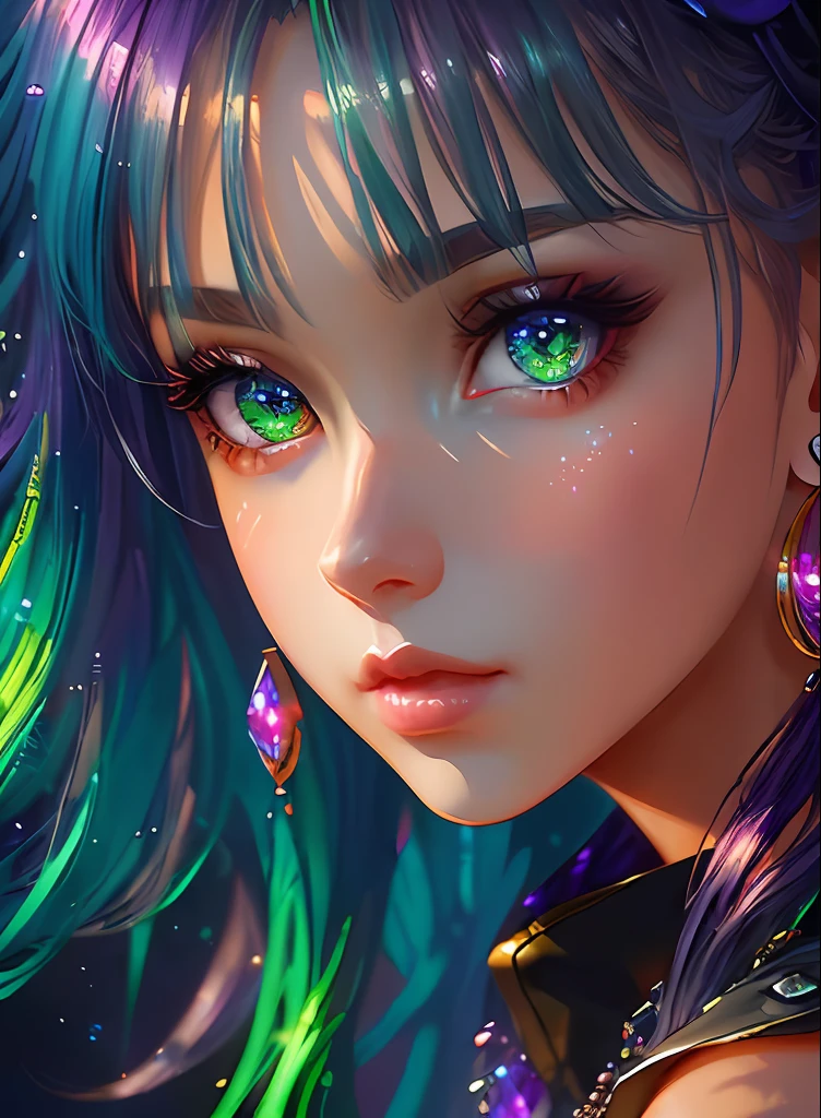 ((top-quality)), ((​masterpiece)), ((realisitic)), (detaileds),animesque、anime styled、 (1人の女性）Earrings only accessories、Close up portrait of woman with greenish-purple hair color、Beautiful shining eyes, Like crystal clear glass、Casual sleeveless without collar、Summer clothes、4K high-definition digital art、stunning digital illustration、Stunning 8K artwork、colorfull digital fantasy art、Colorful and bright、beautiful digital works of art、Colorful Digital Anime Art、Portrait of beautiful woman、8K HD Digital Wallpaper Art、 Gorgeous Digital Painting