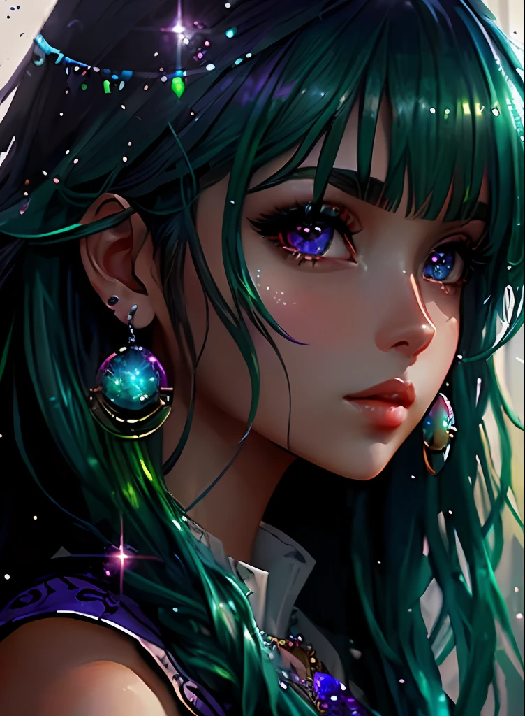 ((top-quality)), ((masterpiece)), ((realisitic)), (detaileds),animesque、anime styled、 (1人の女性)Earrings only accessories、Close up portrait of woman with greenish-purple hair color、Beautiful shining eyes, Like crystal clear glass、Casual sleeveless without collar、Summer clothes、4K high-definition digital art、stunning digital illustration、Stunning 8K artwork、colorfull digital fantasy art、Colorful and bright、beautiful digital works of art、Colorful Digital Anime Art、Portrait of beautiful woman、8K HD Digital Wallpaper Art、 Gorgeous Digital Painting
