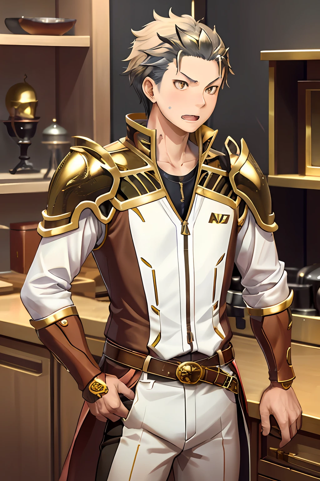 (1 Adult male),A high resolution, Sharp focus, Pixiv masterpiece, ((Complicated details)), highly detailed, natsuki_subaru, 1 man, with her mouth open,drools,full bodyesbian, Golden eyes(eyes glowing), with short golden hair,White armor,helmet on,Wear a belt,perspire,look from down