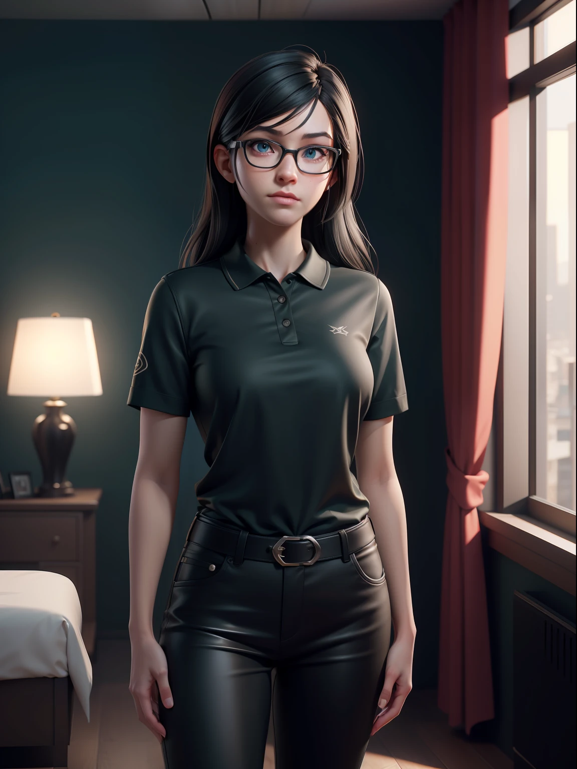 girl, short stature, skinny, green polo shirt, black pants, bedroom, daylight, bed, disheveled hair, black hair, long hair, blue eyes, freckles, glasses, pale skin, (bloom), Hyperdetailed, ArtStation, CGsociety, 8K, Surrealistic, Zbrush, Unreal Engine 5, Bright Colors, Greg Rutkowski, Darksynth, Weta Digital, Focus, Octane Rendering, Super Sharpness, Cinematic Light, High Quality, High Resolution, Smooth Color Manga Hayao Style, Photorealistic, High Detail , 8K , Trending Artstation, Octane Rendering, Cinematic Lighting, 3D Rendering, Vray Caustics, Volumetric Lighting, Dark Atmosphere, Somber Colors, Sense of Wonder, Concept Art, Unreal Engine 5 Rendering, Cinematic Center Shot, Hyper Realistic, Ultra Detailed;