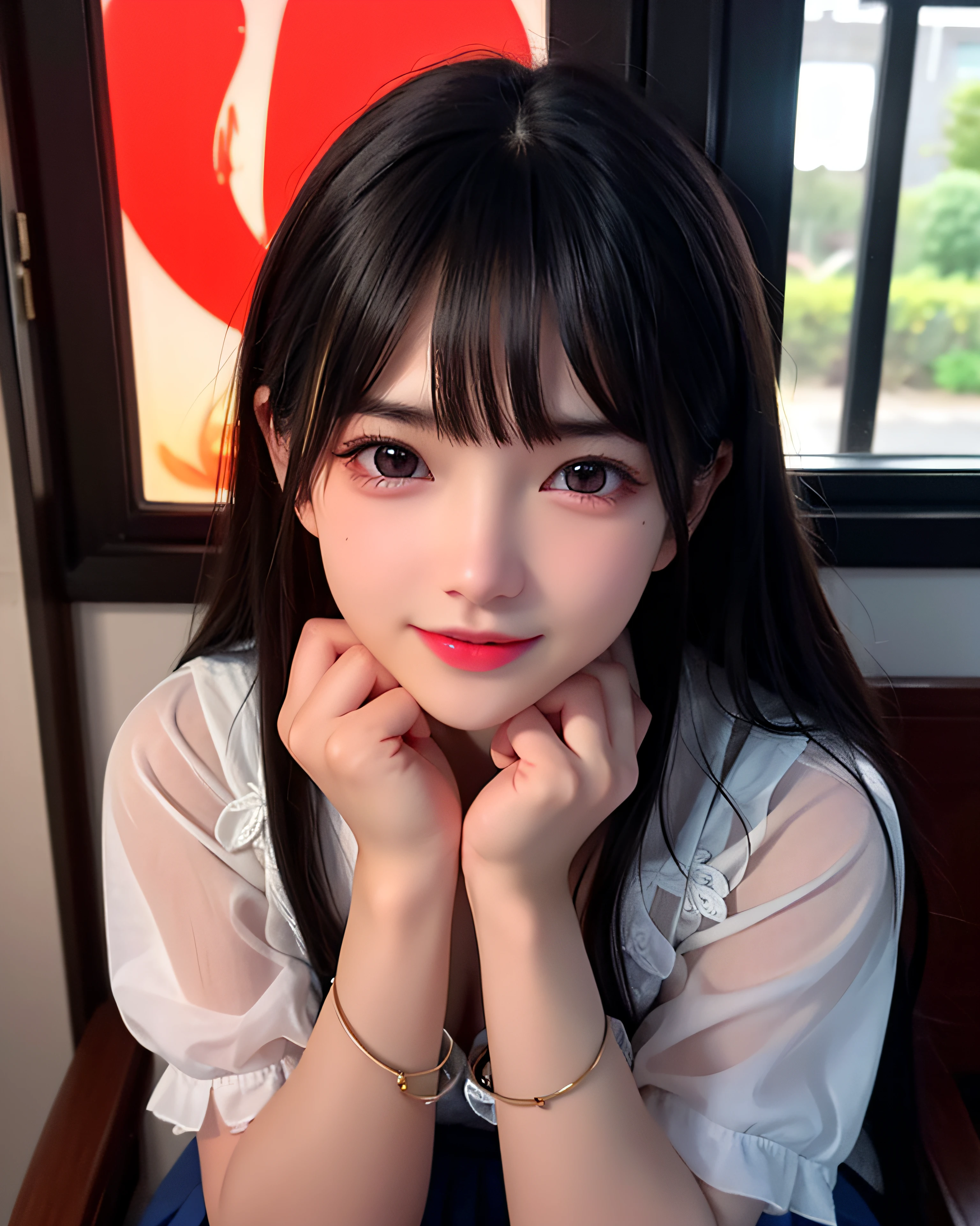 Gatorade, masterpiece, top-quality, 8K, absurderes, beautiful a girl, Clean face, looking at the viewers, A smile, A hyper-realistic, hight resolution, a picture, film grains, chromatic abberation, foco nítido, nffsw, face lights, Dynamic lighting, 电影灯光, Professional Shadows, highestdetailed, ighly detailed, ultra-detailliert, finely detail, authentic skin, delicated facial features, detailed faces and eyes、Sharp pupils、Realistic pupils、Cute Realistic Girl、a 18 year old girl、long、blondehair、see-through bangs、Brown-eyed、Perfect figure、Transparency、The sheen、Gloss、discreet breasts、student clothes、Navy blue ribbon、Light blue shirt、Navy blue skirt、Guangyue、Burning Body、hposing Gravure Idol、on train、Beautiful feet、Strong sunshine、Odious、Rain-drenched body、wet shiny feet、Panties、Braless