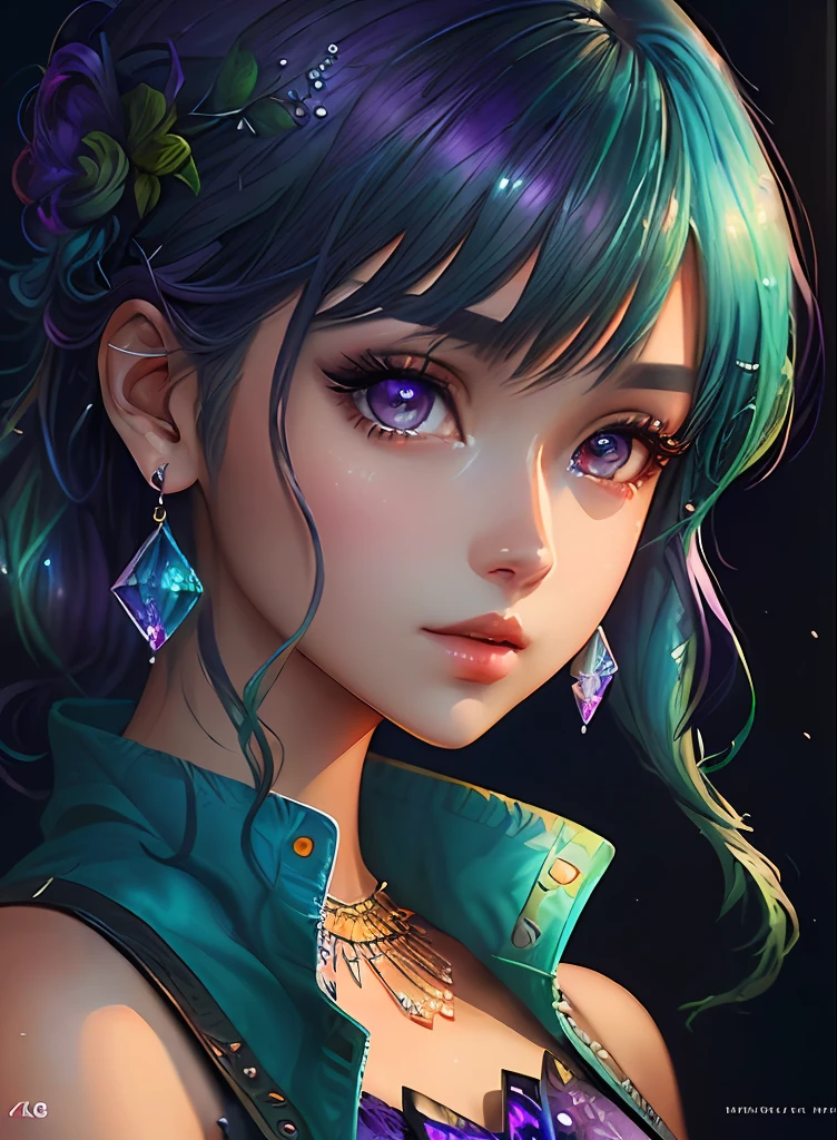 ((top-quality)), ((​masterpiece)), ((realisitic)), (detaileds),animesque、anime styled、 (1人の女性）Earrings only accessories、Close up portrait of woman with greenish-purple hair color、Beautiful shining eyes, Like crystal clear glass、Casual sleeveless without collar、Summer clothes、4K high-definition digital art、stunning digital illustration、Stunning 8K artwork、colorfull digital fantasy art、Colorful and bright、beautiful digital works of art、Colorful Digital Anime Art、Portrait of beautiful woman、8K HD Digital Wallpaper Art、 Gorgeous Digital Painting