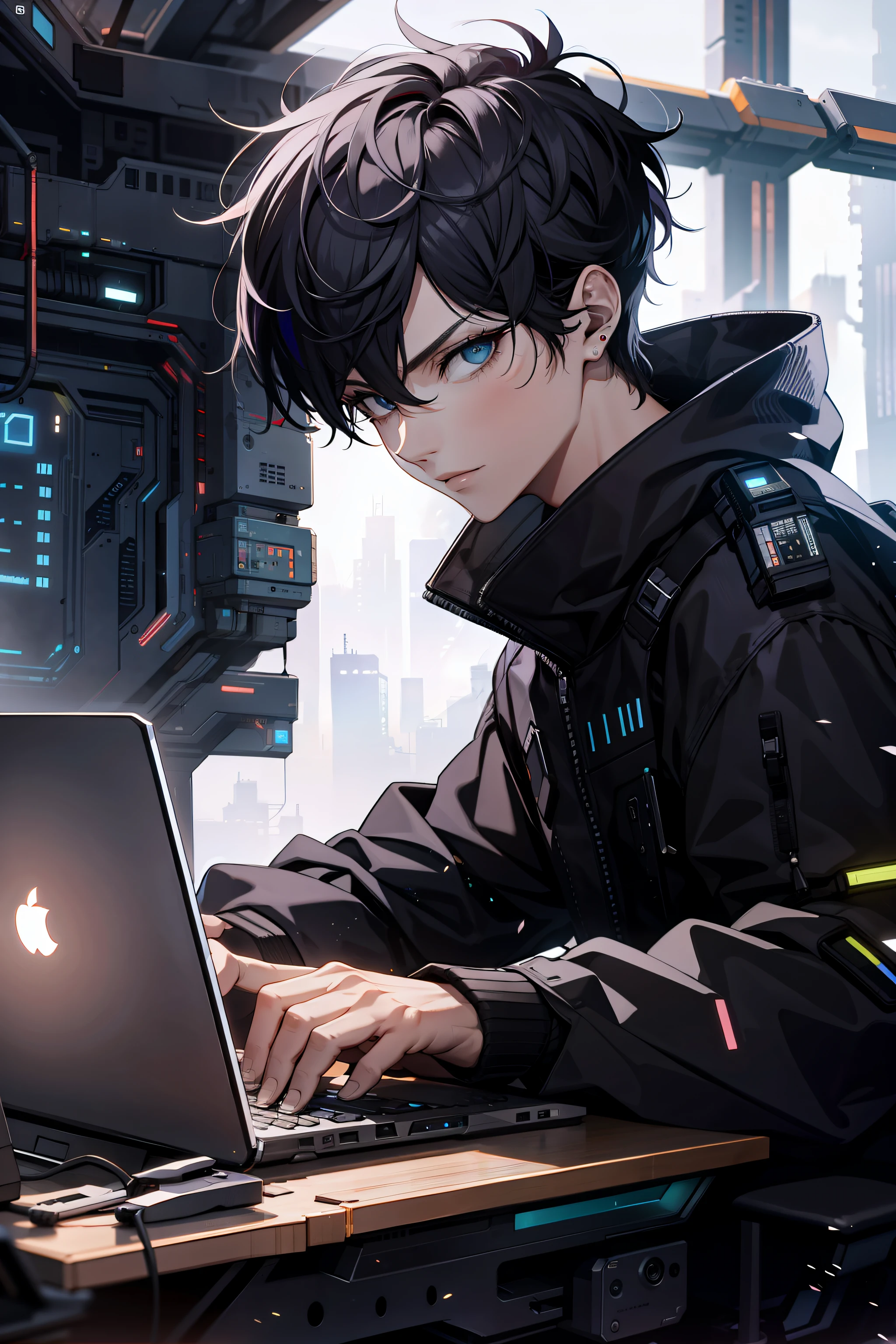 The finger is typing,cyberpunk office