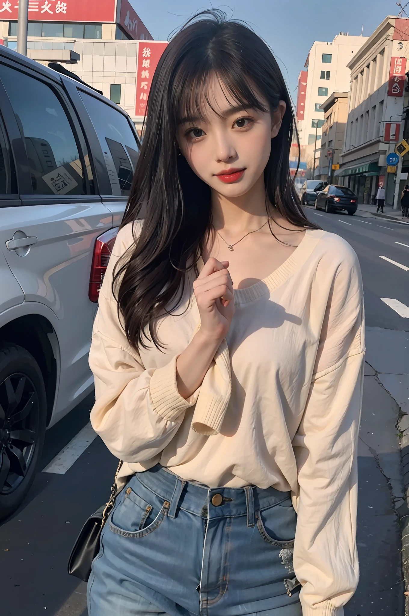 8K分辨率）， （RAW photos）， （best qualtiy）， （tmasterpiece：1.5）， （realisticlying：1.5）， （photograph realistic））， vibrant detail， Ultra photo realsisim， 1girl，sweet，Pure desire（adolable：1.2）（（校服）），（（（（jk）））），road，intersection，Bigchest，close up