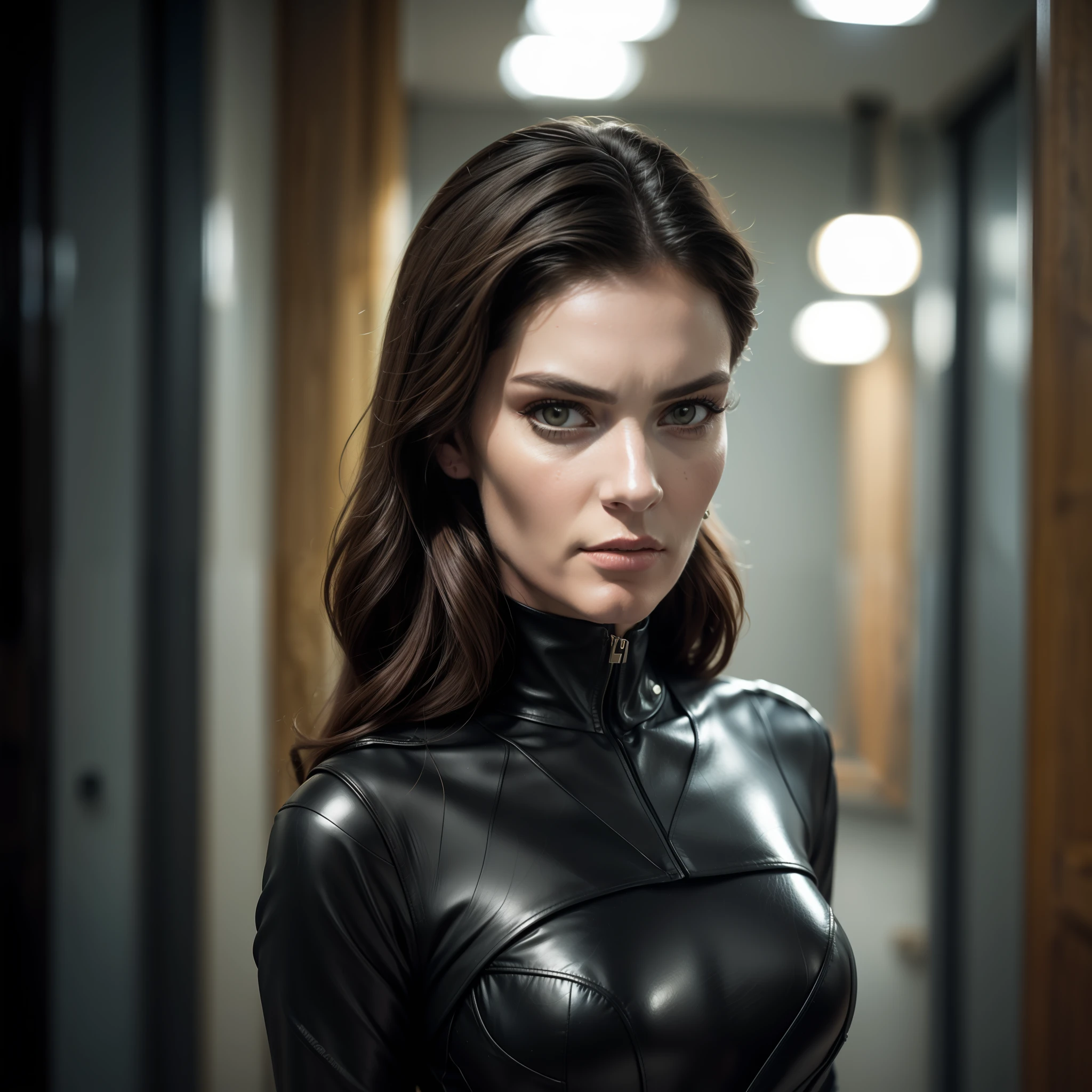Mulher Gato, (((inspirada em "Selina Kyle" do filme "Mulher Gato"))), roupas de Alien, ((Autorretrato de rosto frontal)), 8k UHD, DSLR, grain of film, pintura fotorrealista Fujifilm XT3 arte midjourney, ((como Selina Kyle)),