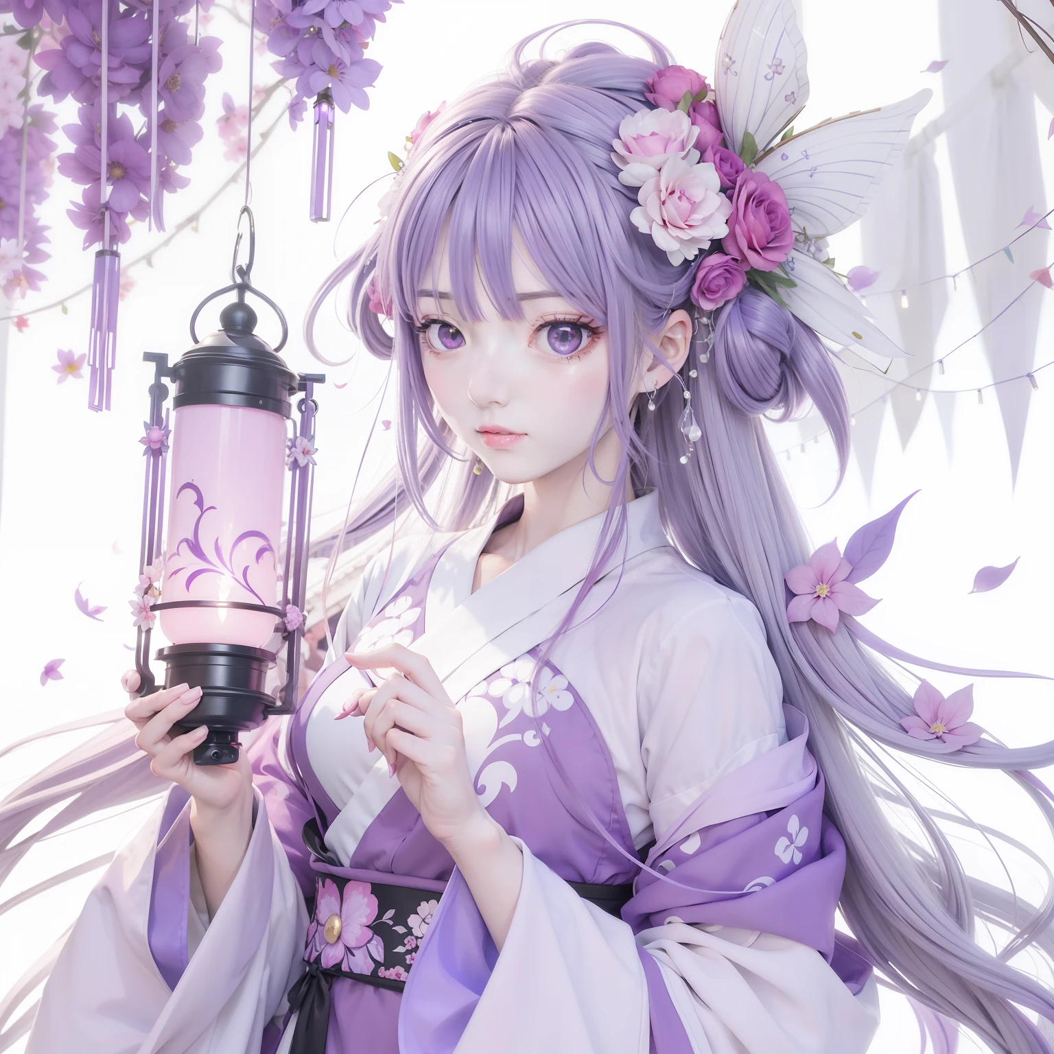 Anime girl with purple hair holding lanterns and flowers, a beautiful anime portrait, Guviz, Beautiful anime style, Pisif Art Station, Beautiful anime artwork, Beautiful anime, Soft anime illustration, Beautiful anime art, anime illustration, palace, A girl in Hanfu, Guviz-style artwork