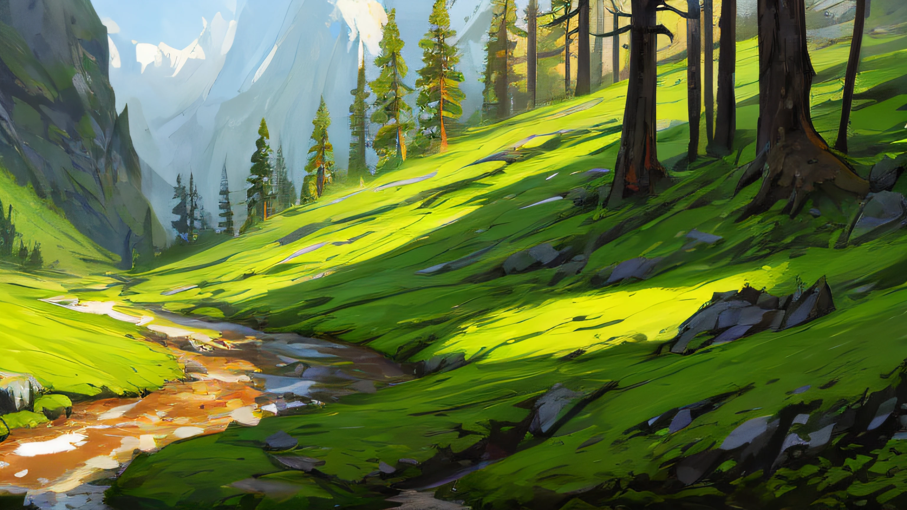 Conceptart,Concept Art,SamWho,mksks style, green moss, mountain landscape, deciduous forests