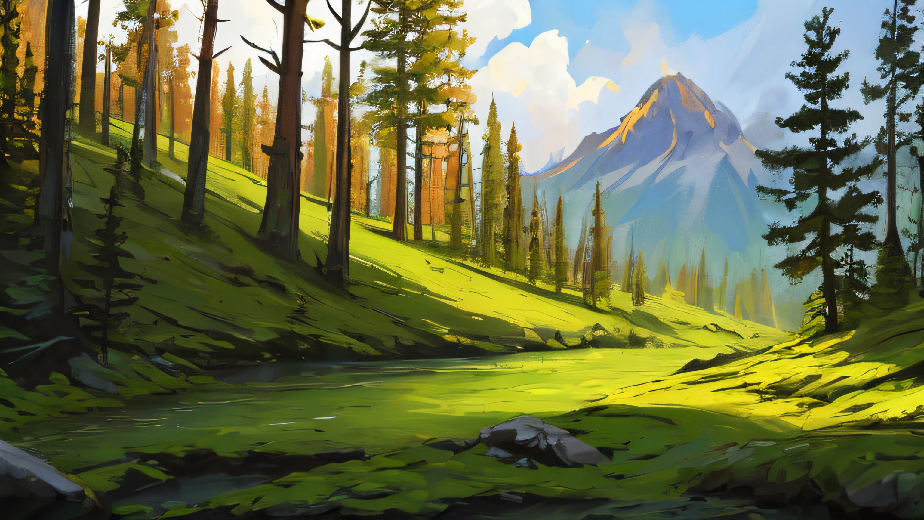 Conceptart,Concept Art,SamWho,mksks style, green moss, mountain landscape, deciduous forests