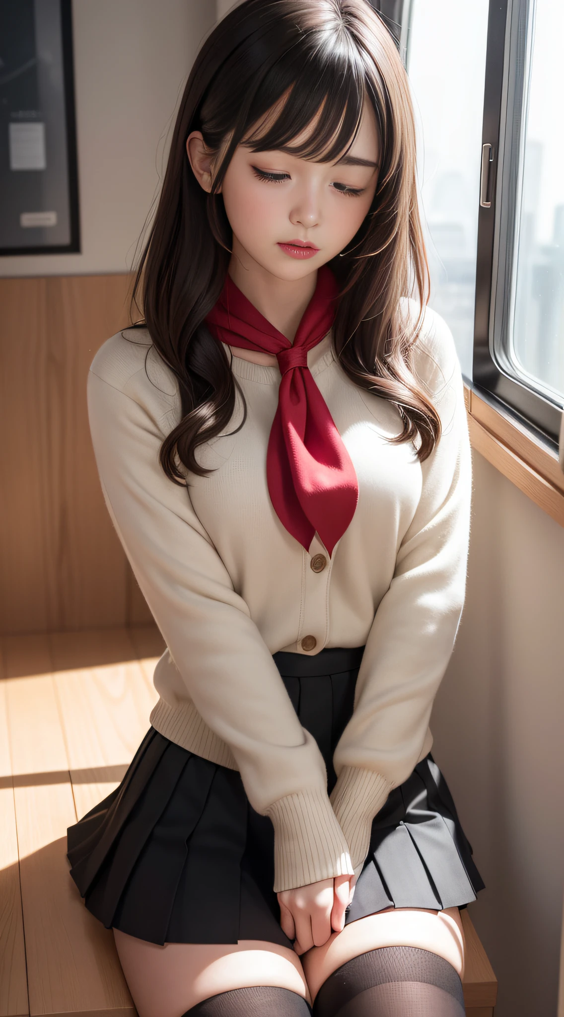 (masterpiece:1.3),(best quality:1.2),8k,absurdres,unity 8k wallpapper,(extremely detailed:1.3),highestres,highres,Amazing,illustration,beautiful studio soft light,stunningly beautiful,incredibly absurdres,vibrant details,cinematic lighting,moody lighting,pixiv,award-winning, professional, highly detailed,perfect detailed face,
transportation_by_window, 1girl, solo, blush, skirt, brown hair, shirt, black hair, thighhighs, long sleeves, holding, hair between eyes, sitting, school uniform, closed eyes, white shirt, pleated skirt, parted lips, serafuku, signature, miniskirt, black skirt, medium hair, sailor collar, scarf, sweater, white thighhighs, zettai ryouiki, neckerchief, window, phone, sleeping, cardigan, cellphone, light particles, smartphone, red neckerchief, reflection, holding phone, red scarf, snowing, train interior, yellow cardigan