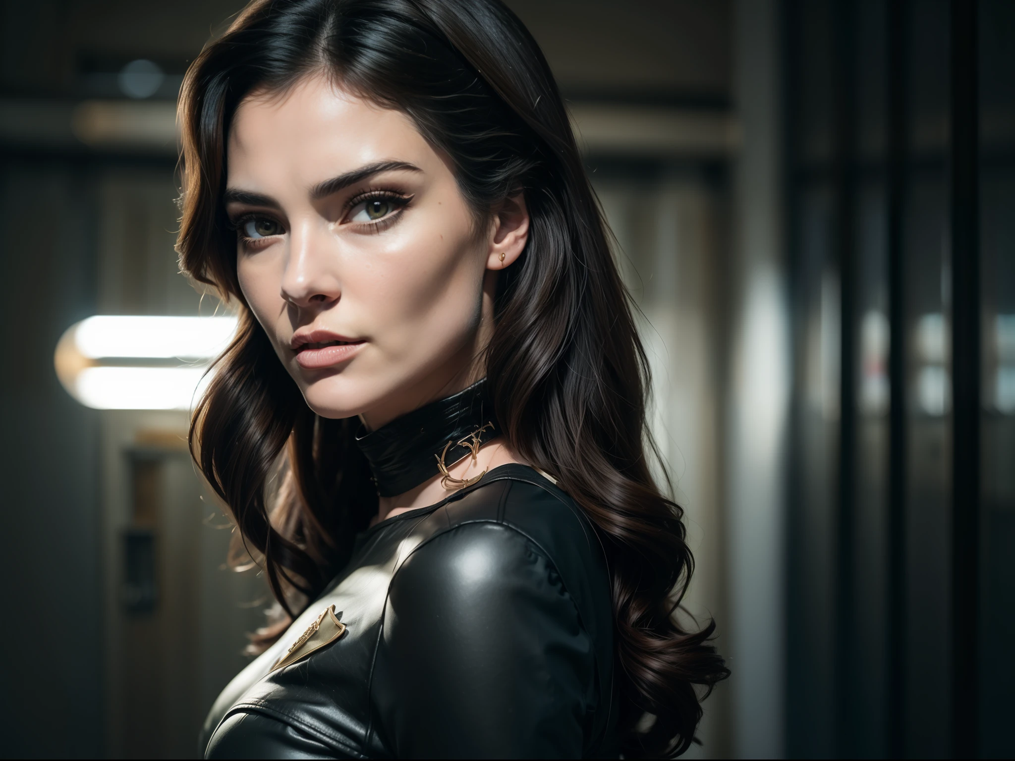 Mulher Gato, (((inspirada em "Selina Kyle" do filme "Mulher Gato"))), roupas de Alien, ((Autorretrato de rosto frontal)), 8k UHD, DSLR, grain of film, pintura fotorrealista Fujifilm XT3 arte midjourney, ((como Selina Kyle)), sensualista
