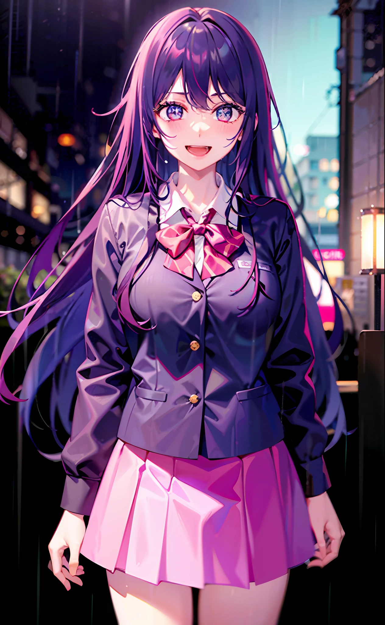 one-girl((There is a five-pointed star in the eye))A girl with long purple hair,very heavy rain,In the rain,Smile,Open mouth,JK school uniform,short skirt