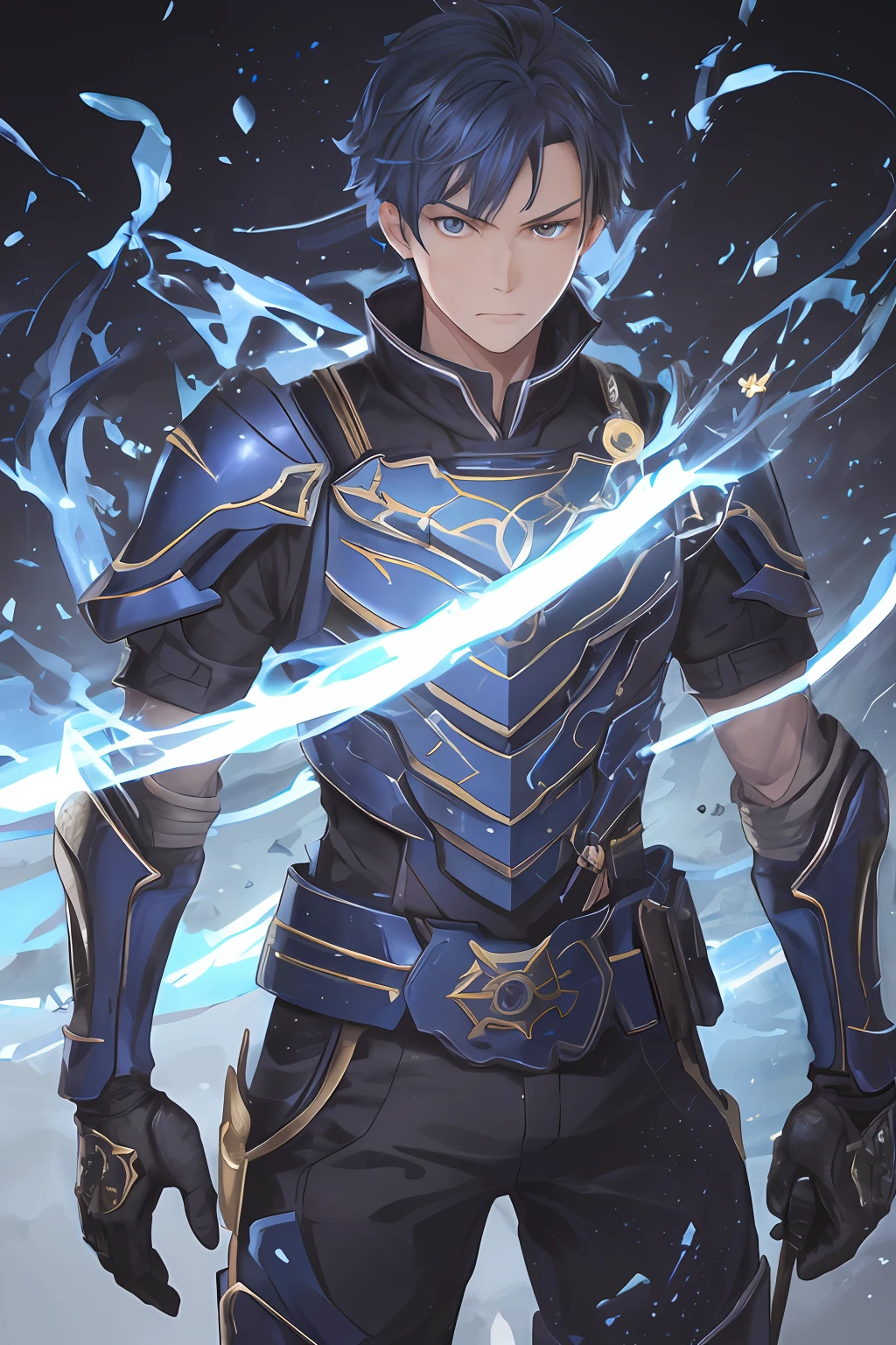(1 Adult male),A high resolution, Sharp focus, Pixiv masterpiece, ((Complicated details)), highly detailed, natsuki_subaru, 1 man, The expression is serious,full bodyesbian, blue colored eyes(eyes glowing), blue short hair,Blue armor,Wear arm guards,Wear a belt,perspire,look from down