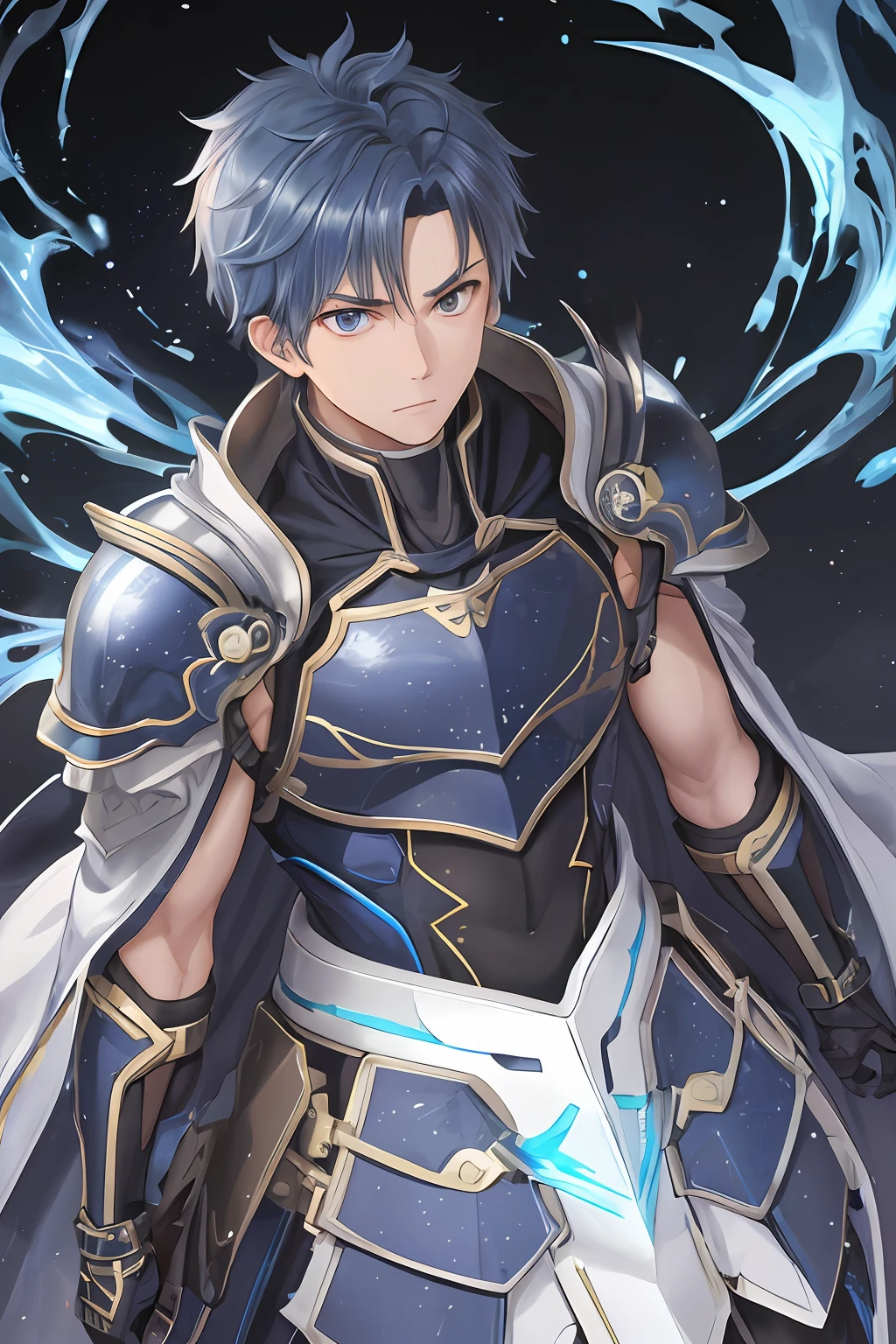 (1 Adult male),A high resolution, Sharp focus, Pixiv masterpiece, ((Complicated details)), highly detailed, natsuki_subaru, 1 man, The expression is serious,full bodyesbian, blue colored eyes(eyes glowing), blue short hair,Blue armor,Wear arm guards,Wear a belt,perspire,look from down