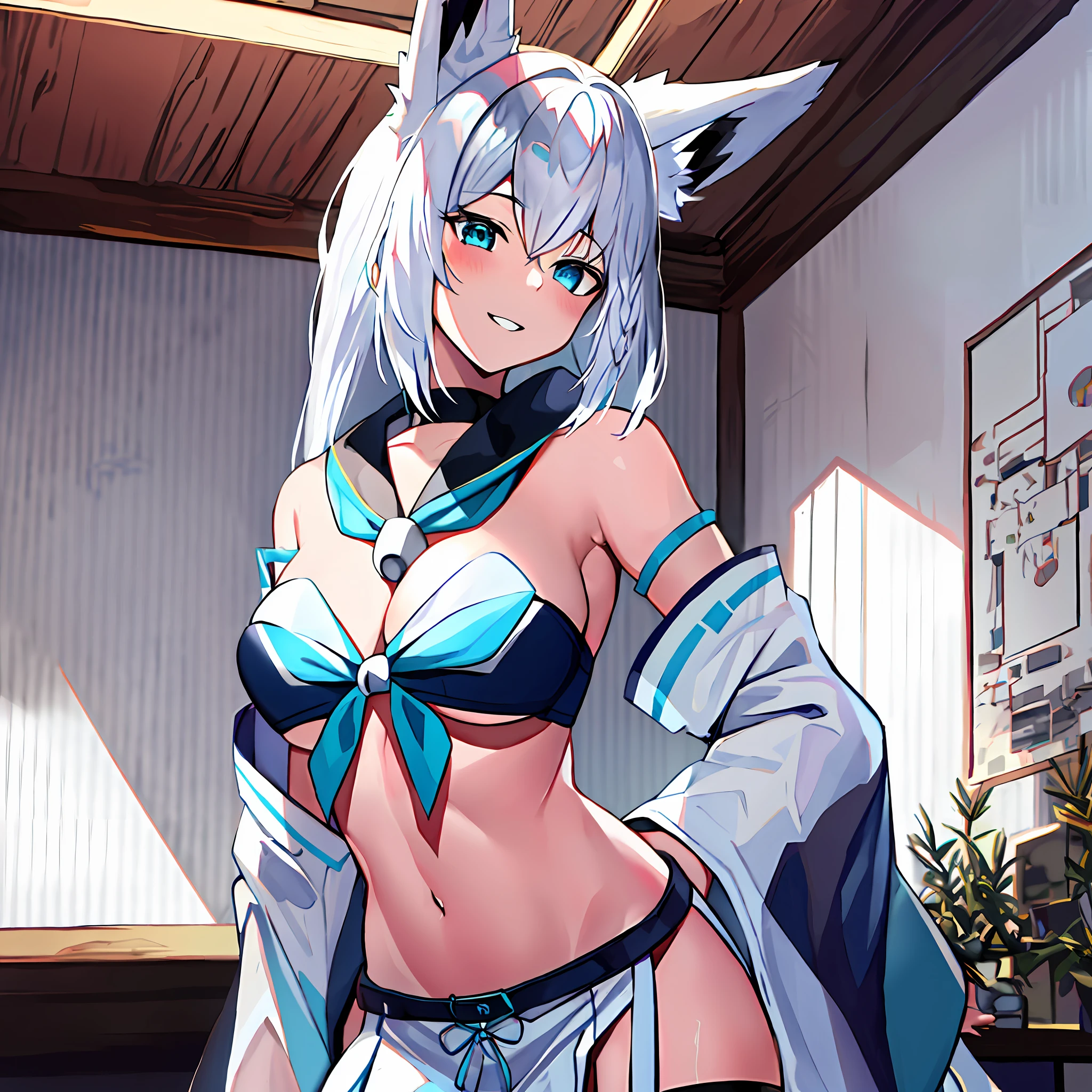 masterpiece, best quality, absurdres, perfect anatomy, cowboy shot, Shirakami fubuki, 1girl, solo, fox ears, fox girl, white hair, aqua eyes, smile, parted lips, strapless top, front slit, blue neckerchief, white detached wide sleeves, black shorts, single thighhigh, thigh strap, navel, indoors