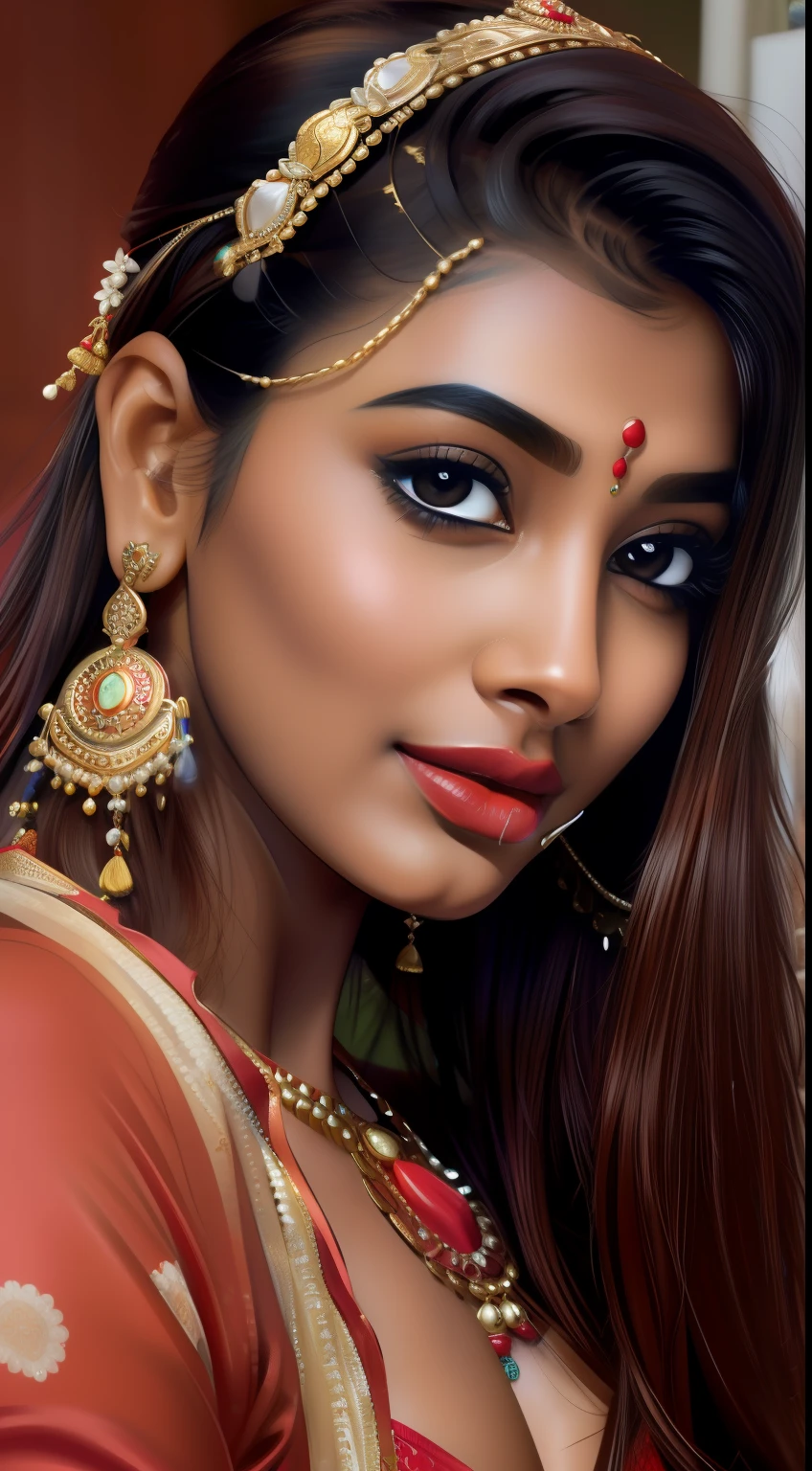 Masterpiece, highest quality, hyper-realistic portrait of an Indian girl with Indian beauty.(8k, best quality), {{cum(sperm) on face}}, cum_in_mouth. Red lipstick. Sindur in head Face is full of cum. Cuming out from mouth.She looking at viewer. Close up face photo. Cum on face mandatory