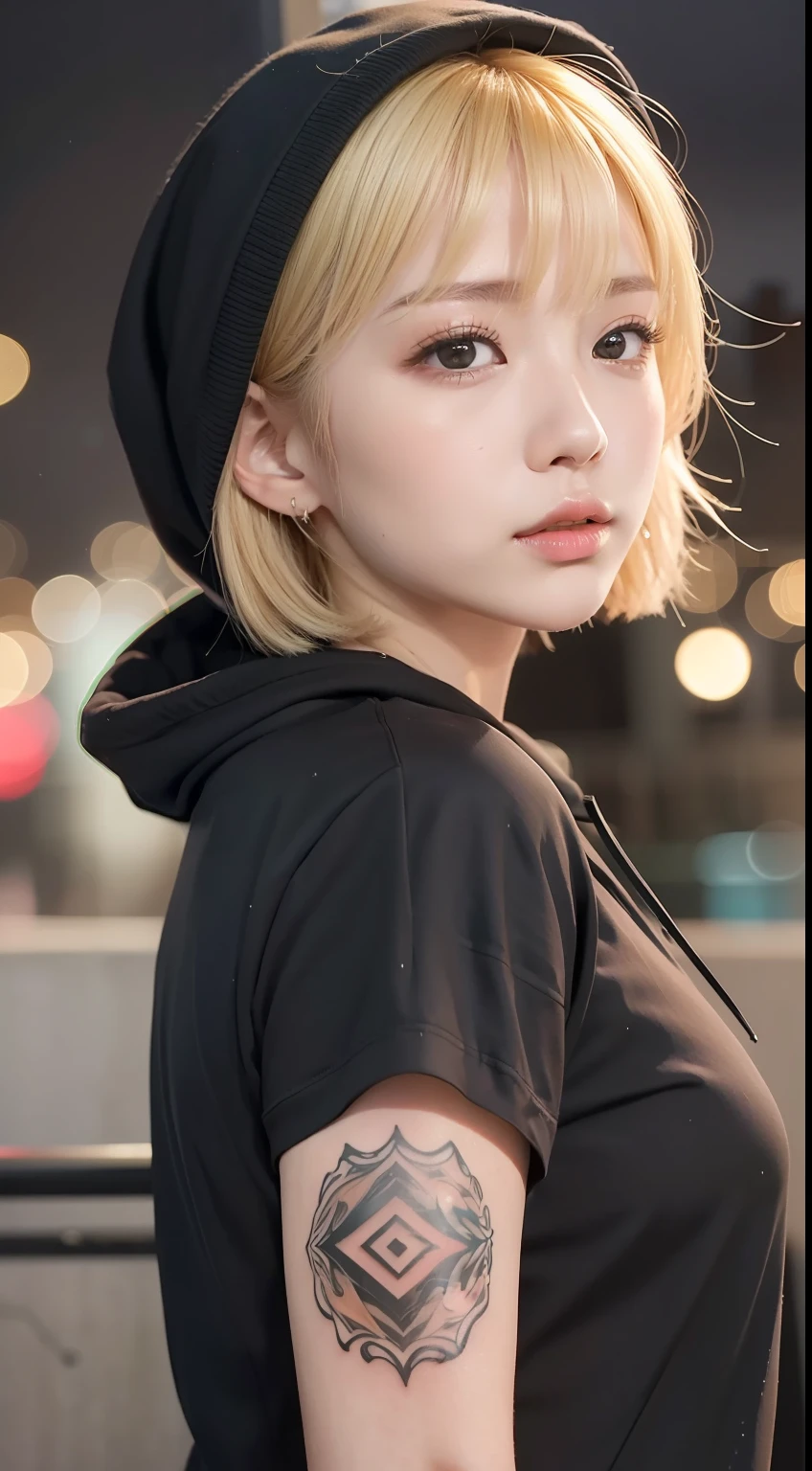 4K、masutepiece、top-quality、 girl、Killer、Rooftop at night、Bright blonde hair、Shortcut Hair、A detailed face、Wearing a black hood、rain is falling、Tattoo on the wrist、Hold a Kalambit knife