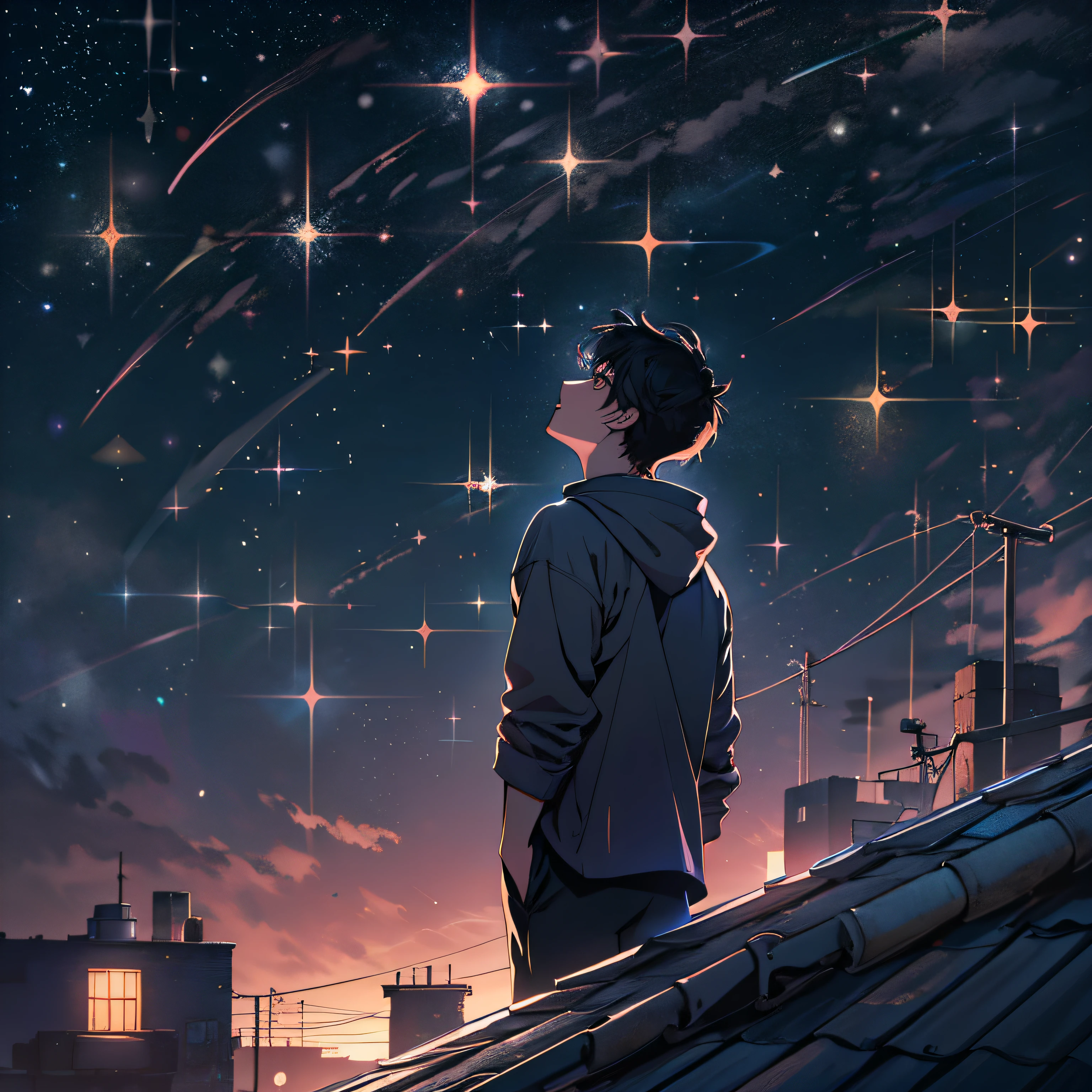 A young and talented man standing on a spacious rooftop, looking up at the twinkling stars in the night sky with a confident expression, the stars shining brightly against his silhouette, ,in the style of the stars art group xing xing, 32k, best quality, masterpiece, super detail,