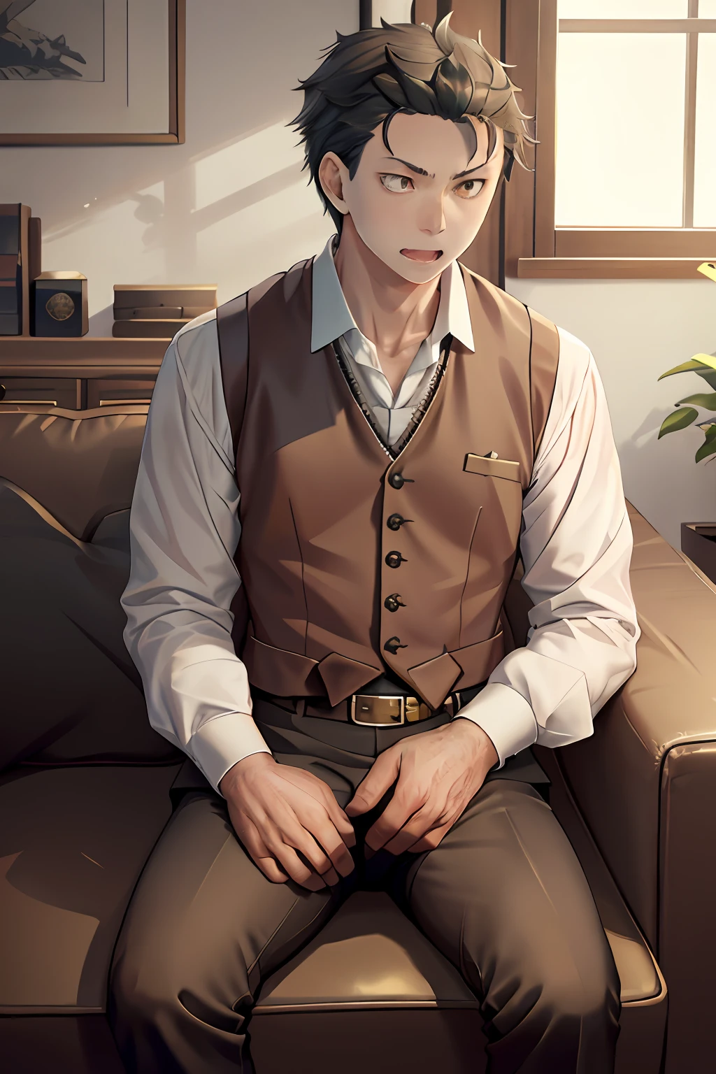 (1 Adult male),A high resolution, Sharp focus, Pixiv masterpiece, ((Complicated details)), highly detailed, natsuki_subaru, 1 man, with her mouth open,drools,full bodyesbian,sit astride,Crotch view, Golden eyes(eyes glowing), with short golden hair,white shirt,Wear a tie,Wear a belt,perspire,look from down