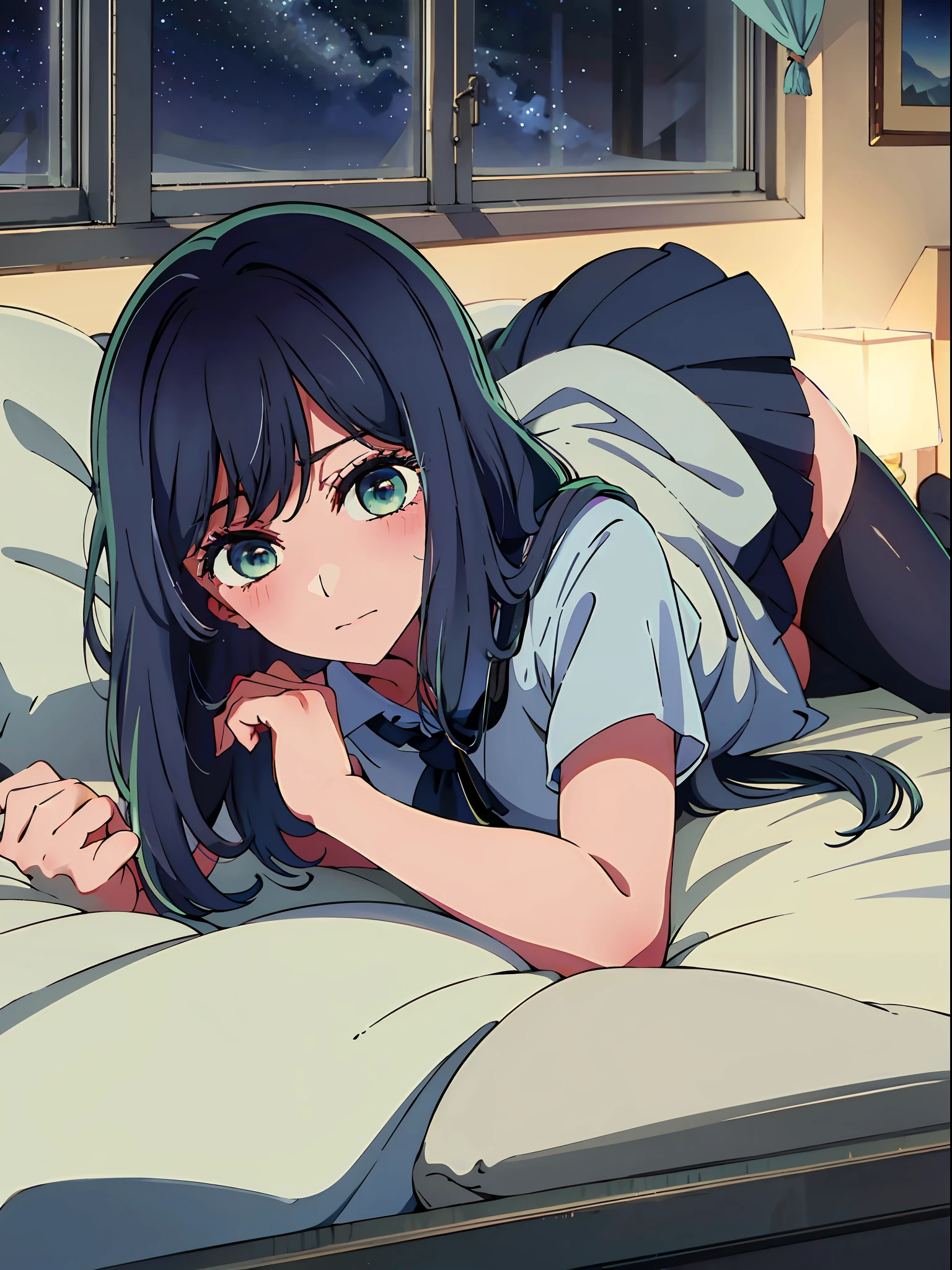(long hair), beautiful detailed eyes, blushed, mature, wearing blue loli dress, black thigh high socks, ((lying on bed)), full body, starry sky, at night, absurdres, high res, ultrasharp, 8K, masterpiece, looking at viewer