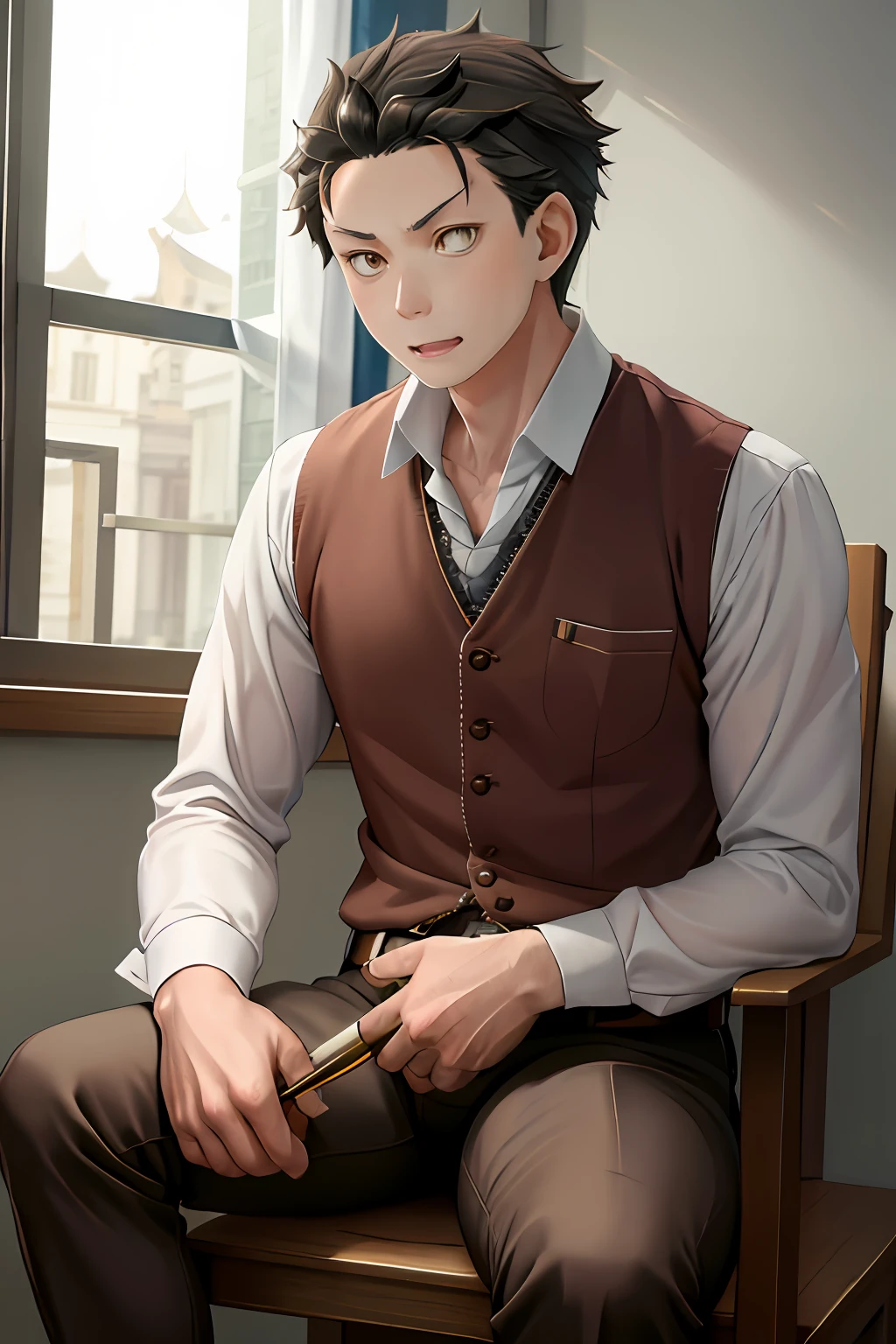 (1 Adult male),A high resolution, Sharp focus, Pixiv masterpiece, ((Complicated details)), highly detailed, natsuki_subaru, 1 man, with her mouth open,drools,full bodyesbian,sit astride,Crotch view, Golden eyes(eyes glowing), with short golden hair,white shirt,Wear a tie,Wear a belt,perspire,look from down