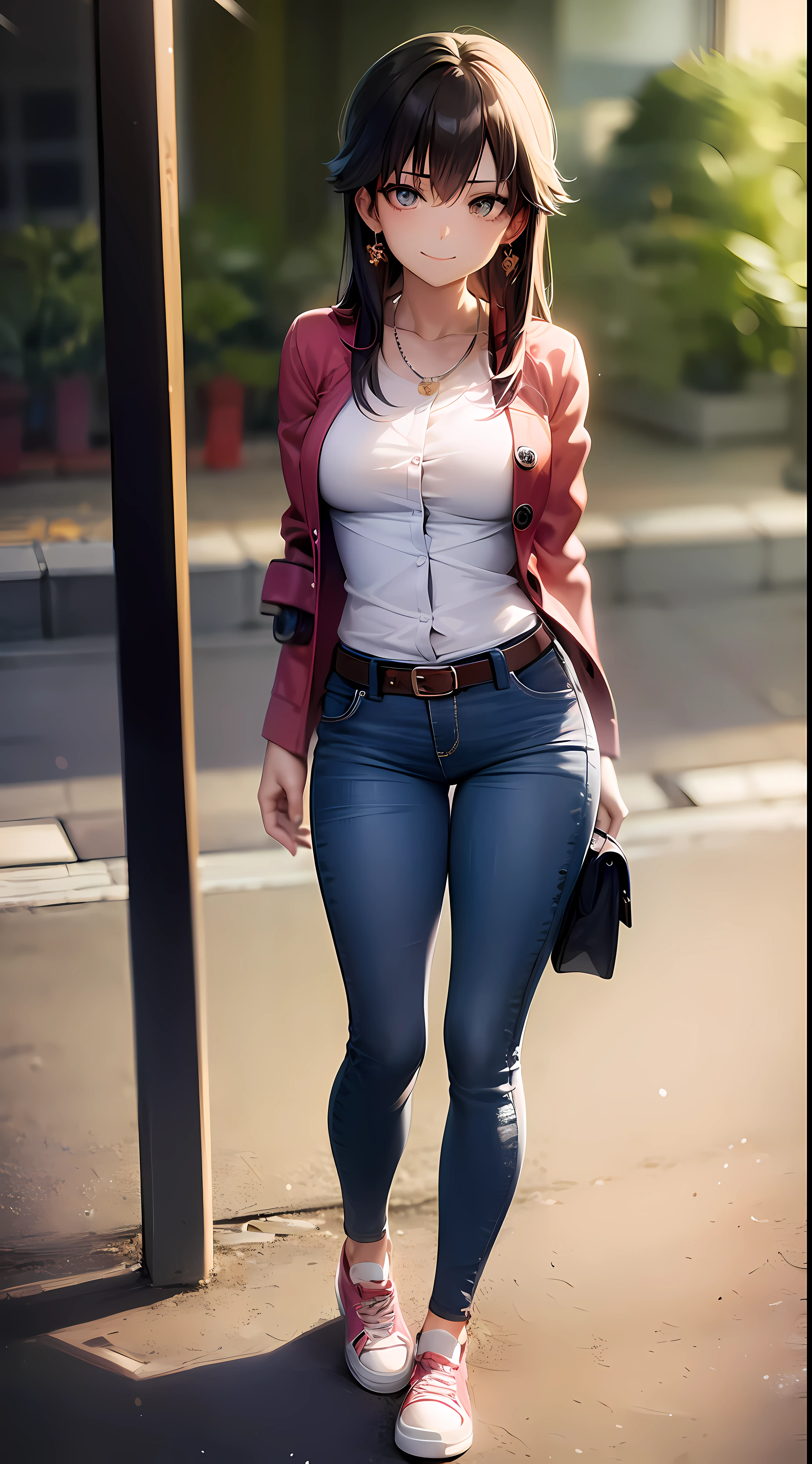 (masterpiece), best quality, (expressive eyes: 1.5), perfect face, multicolored hair, many line in hair, blunt bangs long hair, enigmatic eyes, smirk, earings, pendant, wink, ((makoto shinkai style)), (bright eyes: 1.3), short body, shirt, purple cardigan, button on, sneaker shoes, cute bag, long jeans pant, cute belt, contrapposto,
(Street: 0.2), sunny day, outdoor, cozy, bokeh, HDR, UHDR, 4K, 8K, 64K, ((highly detailed)), sunray