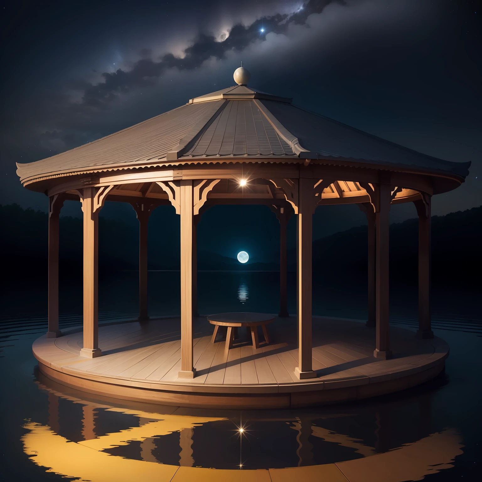 A tranquil,Empty,Away from the world,peace,suns,Lake surface,Pavilion,Space Starry Sky,the night,themoon,As estrelas,inverted image