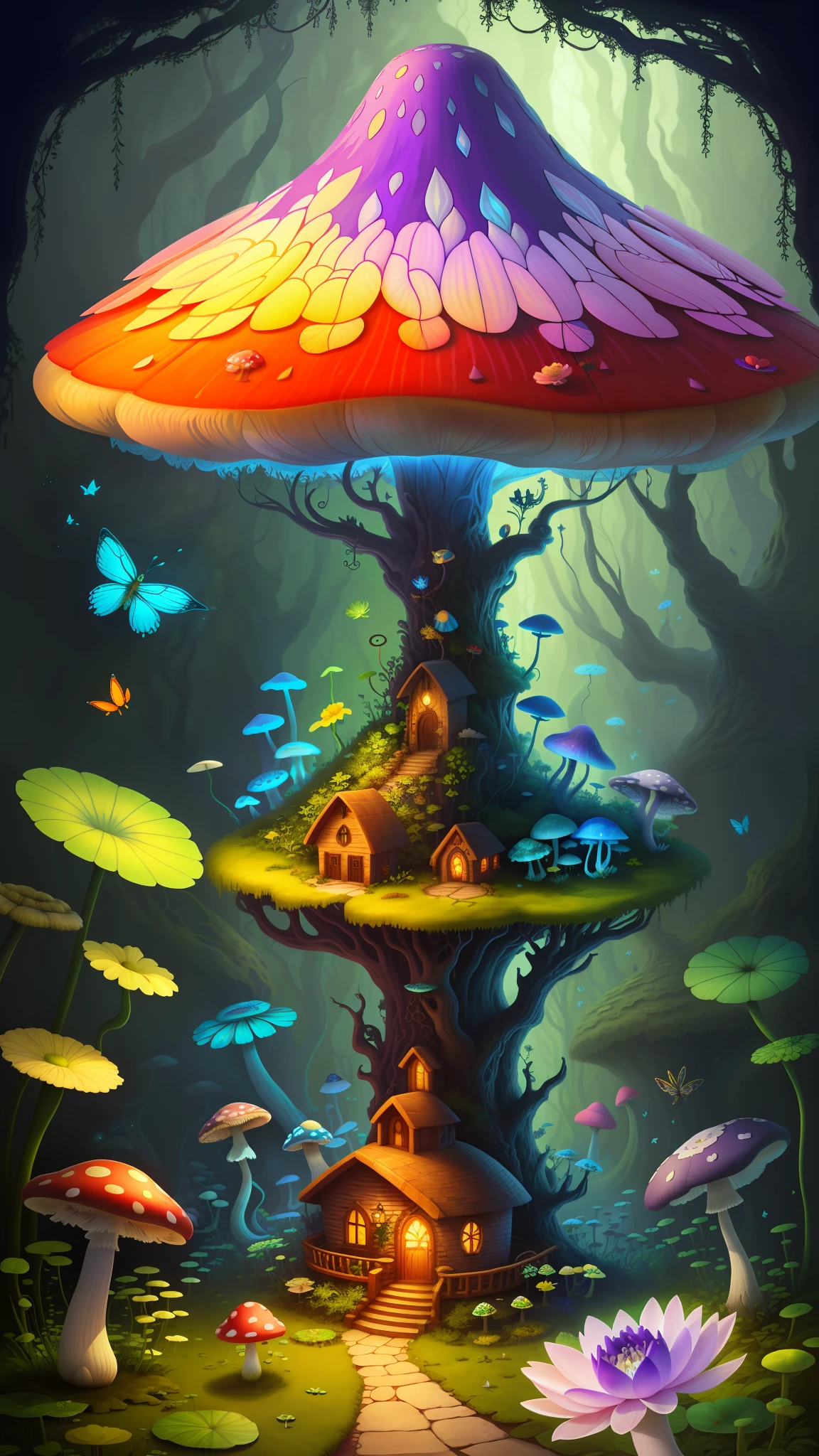 "Mushroom forest with glass goblet,s fractal art,rios,crystal,morning glory,butterflys,Various insects,tropical fishes,rosette,lotuses,four-leaf clover,morning glory,peach blossom,Cyber Mushroom Forest,Ultra-detailed digital fantasy art。Mushrooms are everywhere in the picture,The unique mushroom shape creates a magical casa scene。"