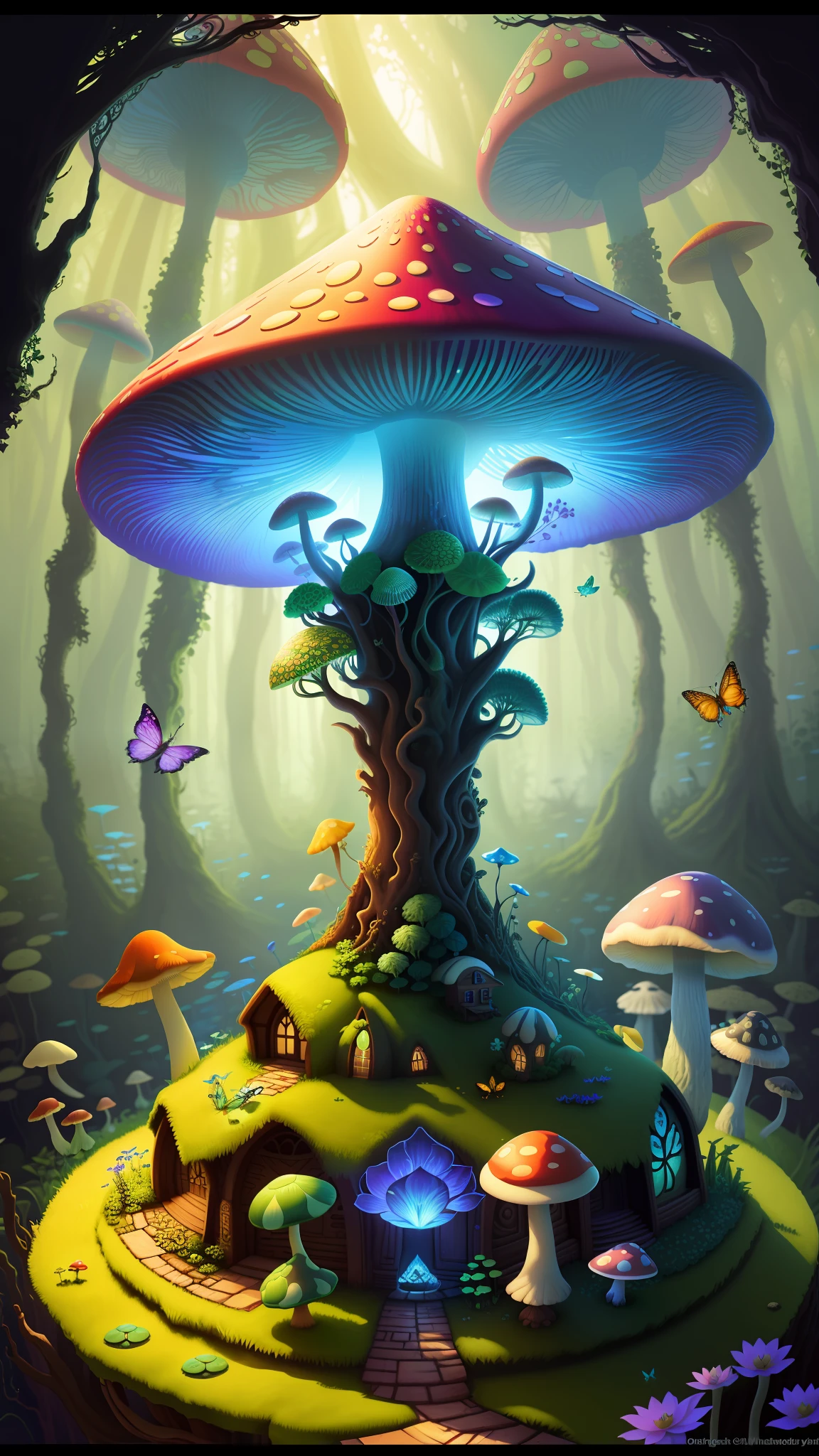 "Mushroom forest with glass goblet,s fractal art,rios,crystal,morning glory,butterflys,Various insects,tropical fishes,rosette,lotuses,four-leaf clover,morning glory,peach blossom,Cyber Mushroom Forest,Ultra-detailed digital fantasy art。Mushrooms are everywhere in the picture,The unique mushroom shape creates a magical casa scene。"