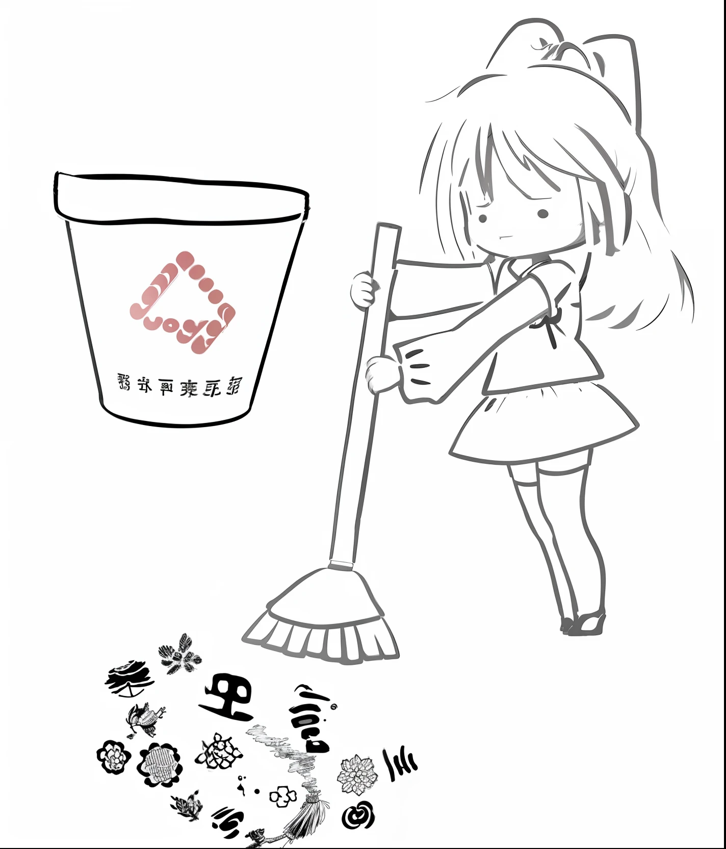 1 girl is using a broom and sweeping away some Chinese characters such as "Unhappy, Worry, Work, Difficulty, Frustration" and a trash can with the words "Non-recyclable" next to it