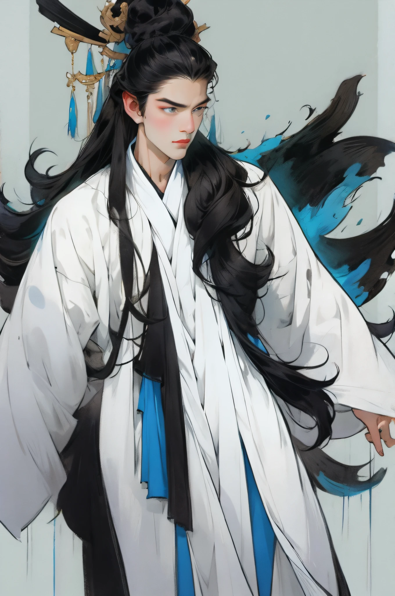 （Handsome boy dressed in white），Full body standing painting，Wide sleeves，Single Eyelids，cabelos preto e longos，An ancient Chinese man，wearing ancient Chinese costume，gossamer，Colorful，Vivid and bright colors，Vibrant digital illustration，（clean backdrop），Ink painting style，Clean colors，Decisive cut，A white space，tmasterpiece， Ultra-delicate，Epic composition，high high quality，HighestQuali，4K