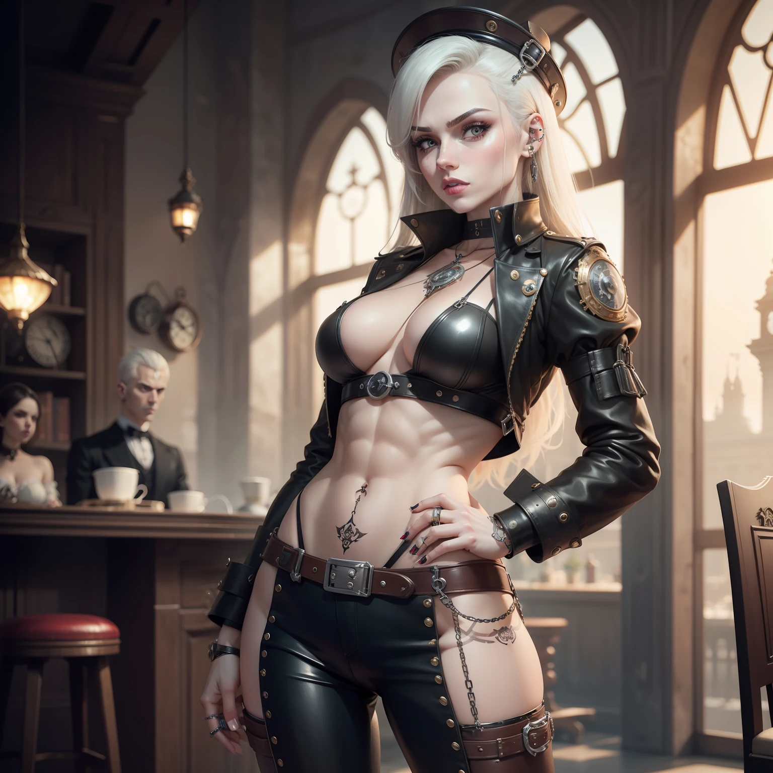 Pale girl, Garota russa, European girl, peitos pequenos, coxas perfeitas, Steampunk, Shoker, BDSM, Futuristic, Garota Punk, olhar sedutor, paraphernalia, jewelries,ABS Tatuagem, em forma, piercings, Soviet clothing