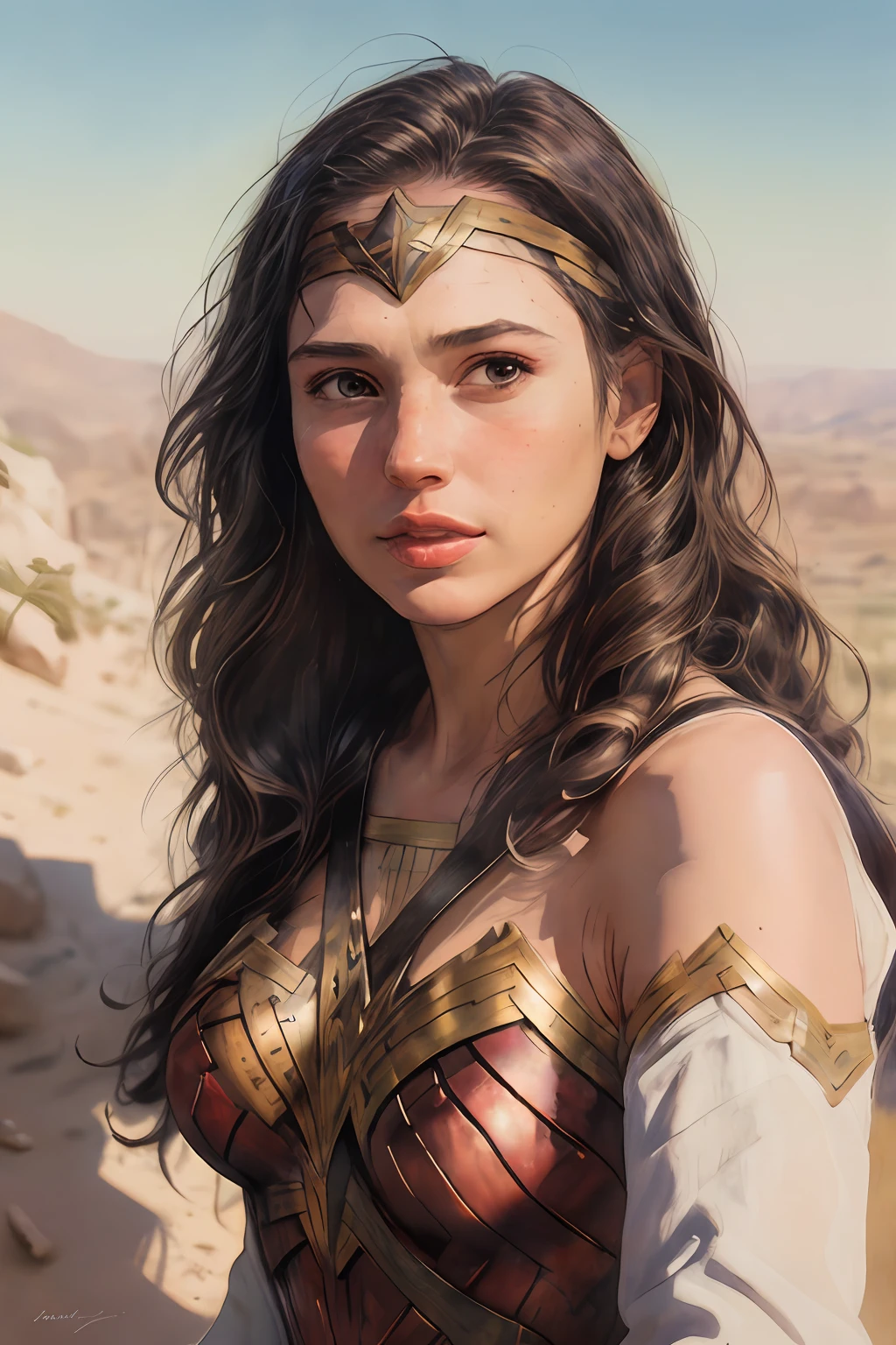 epic high-quality artwork of Gal Gadot,(( Wonder Woman)), oil painting, (rough brush strokes:1.4),(masterpiece, realistic:1.4), (extremely intricate:1.2)>, close shot ,An old man portrait,(upper body:1.2), (( Detail in Face)), (( detail eyes)), (from front:1.3), looking at viewer, italian, head tilt, wind, cloud, sunlight, outdoor, 1girl, solo, BREAK, cinematic light, ultra high res, 8k uhd, film grain, perfect anatomy, exquisitely detailed skin, best shadow, delicate, RAW,highres,