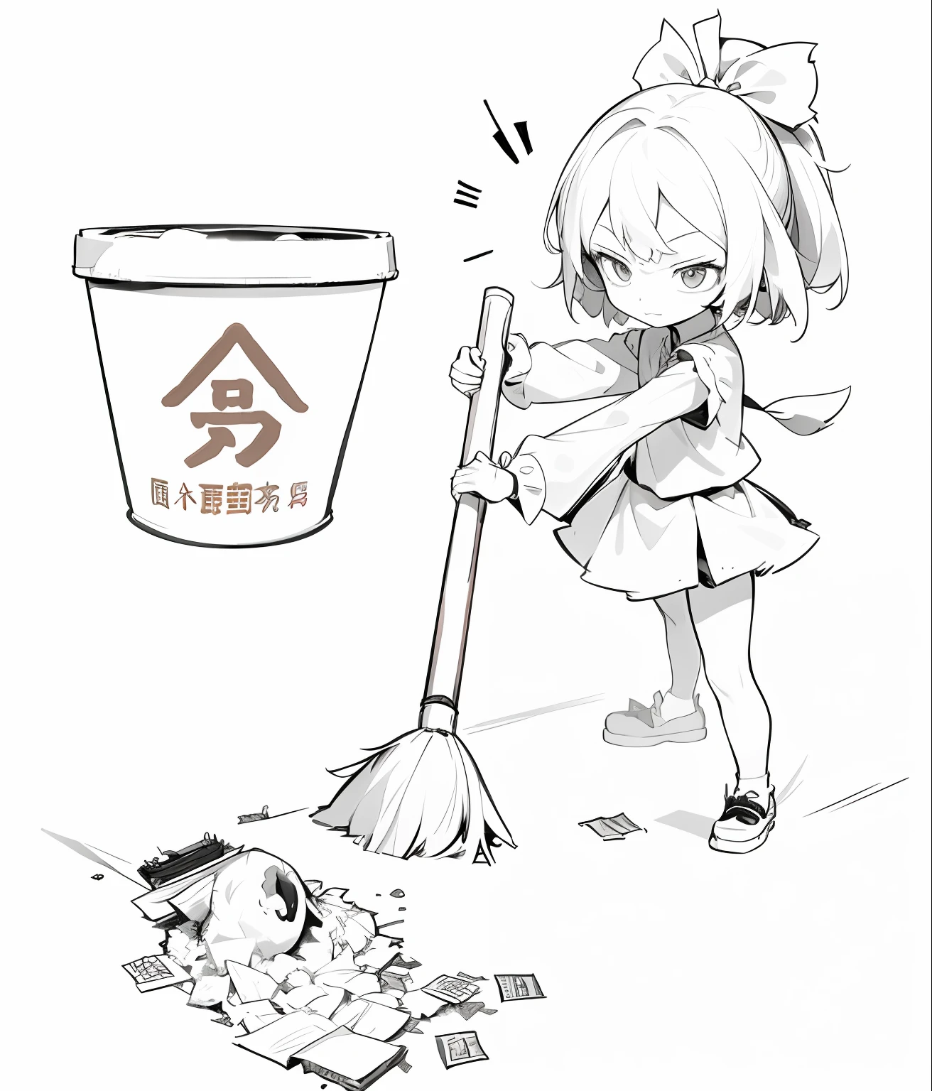 A girl is using a broom and sweeping away some "unhappy.",vex,trabalhado,hardship,Frustration "" and other Chinese characters,Next to it is a trash can with the words "not recyclable" written on it, clean and meticulous anime style, girl, Simple lines of art, cleaning future, touhou project,solid color backdrop