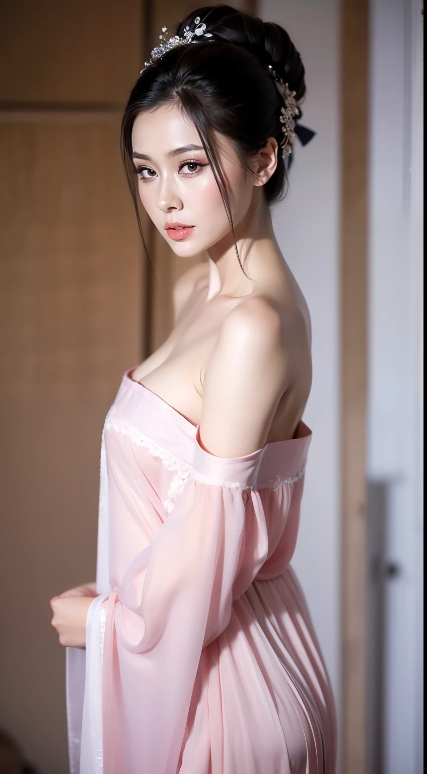 Fashion model 20 years old [[[[closeup cleavage]]]], [[[[boobgasm]]]], [[[[coll]]]], [[[[bshoulders]]]], perfect  eyes, Perfect iris，Perfect lips，perfect teeth，Perfect skin，Long face，slender nose，tall nose bridge，Soft front light，hdr，Movie girl，Simple hairstyle，light make-up，Casual，（pastel colour：1.2）