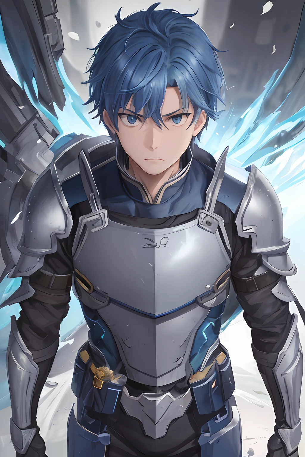 (1 Adult male),A high resolution, Sharp focus, Pixiv masterpiece, ((Complicated details)), highly detailed, natsuki_subaru, 1 man, The expression is serious,full bodyesbian, blue colored eyes(eyes glowing), blue short hair,Blue armor,Wear arm guards,Wear a belt,perspire,look from down