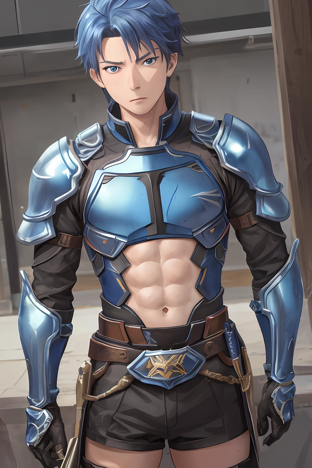 (1 Adult male),A high resolution, Sharp focus, Pixiv masterpiece, ((Complicated details)), highly detailed, natsuki_subaru, 1 man, The expression is serious,full bodyesbian, blue colored eyes(eyes glowing), blue short hair,Blue armor,Wear arm guards,Wear a belt,perspire,look from down